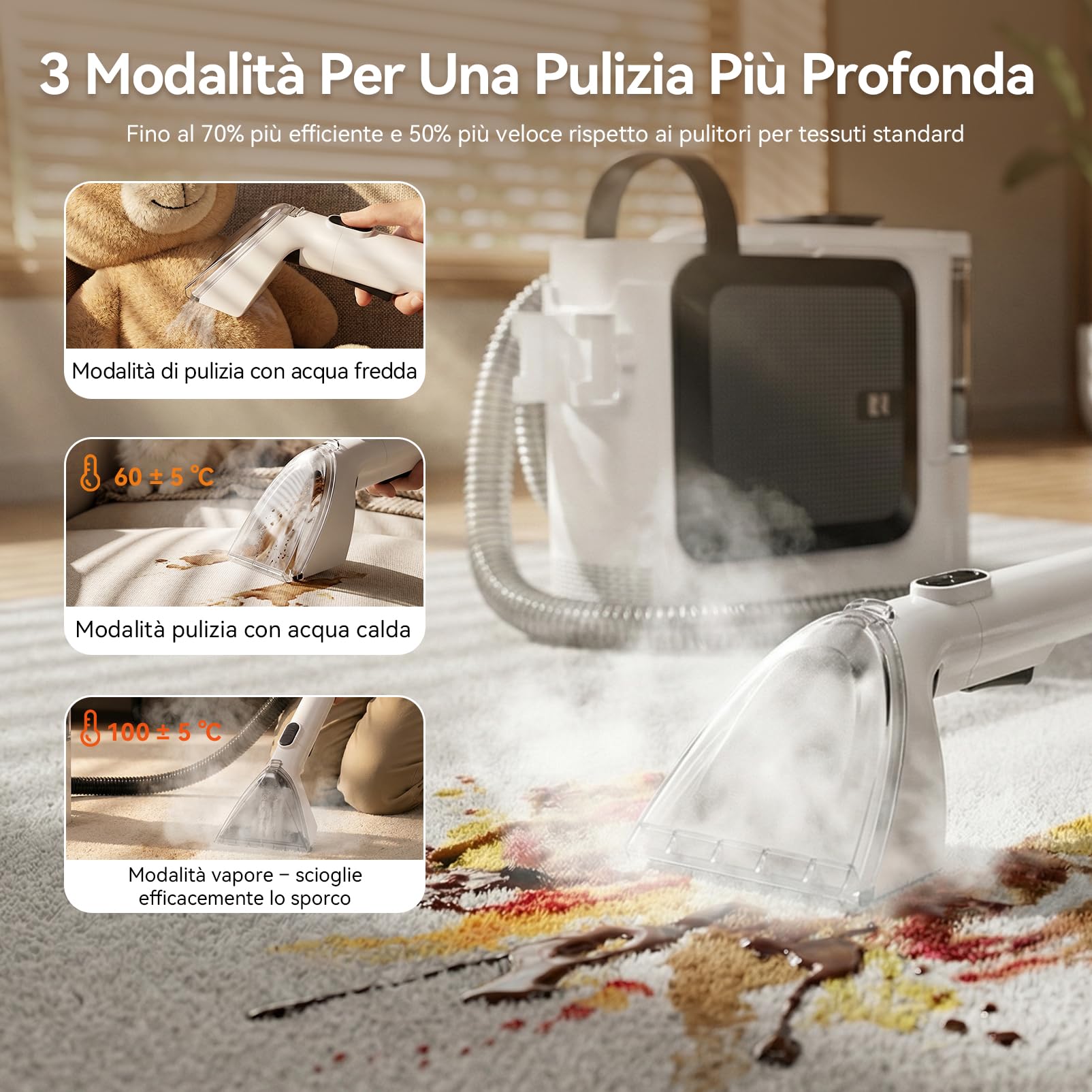 Redkey C2 Lavatappeti Lava e Asciuga a Vapore, 1800W 26000Pa Pulitore Vapore, Pulitore a Vapore per Divani e Tessuti 4 in 1 Aspiratore Liquidi per Tappeti, Finestre, Auto, 7 Accessori e Detergente