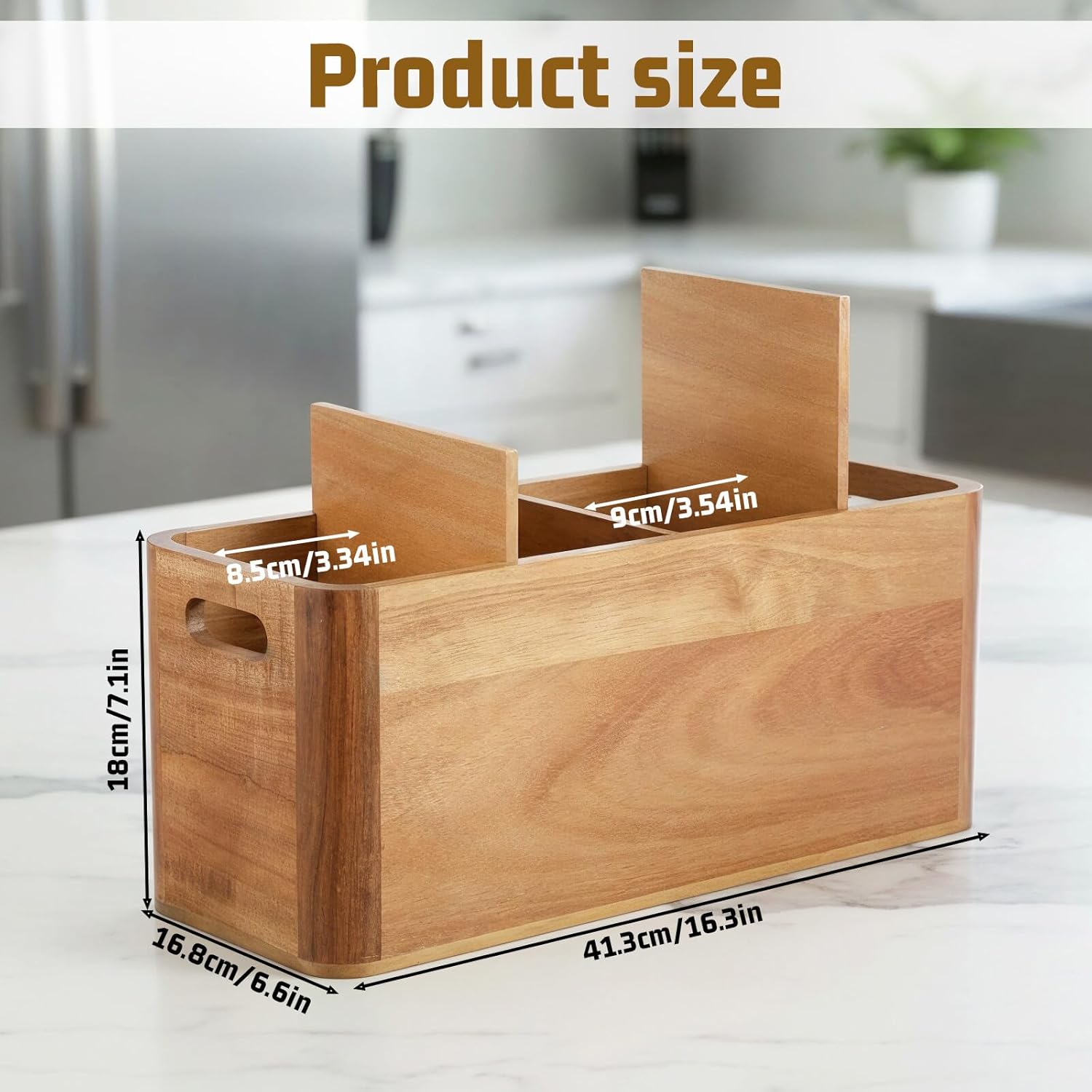 Wooden Kitchen Utensil Holder Organizer for Counter or Countertop, Extra Large Acacia Wood Organizer with 4 Compartments for Storage Spoons and Spatulas Utensils and Cutlery Storage