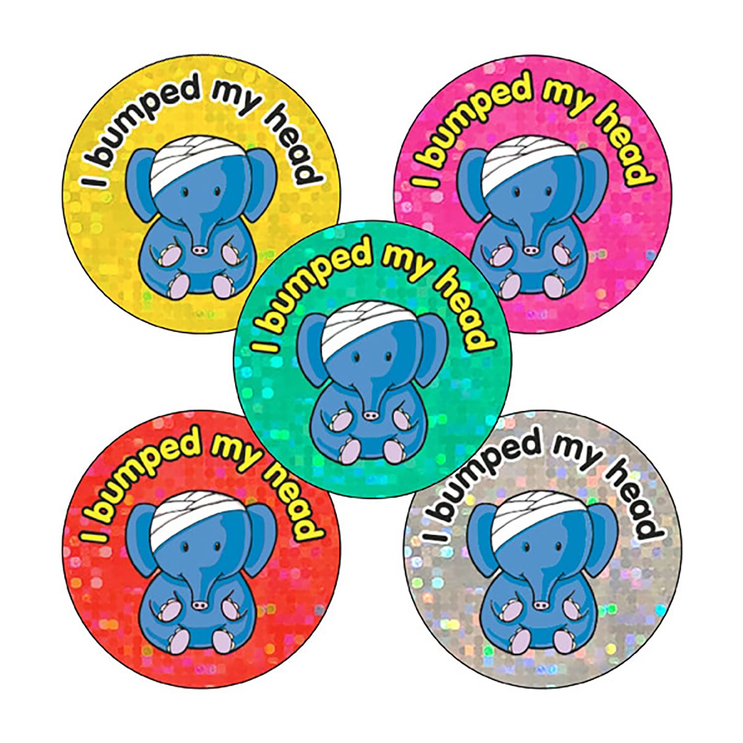 150 Holographic Sparkly I Bumped My Head First Aid Elephant Childrens Pupils School Praise Teachers Reward Stickers 25mm Primary Teaching Services