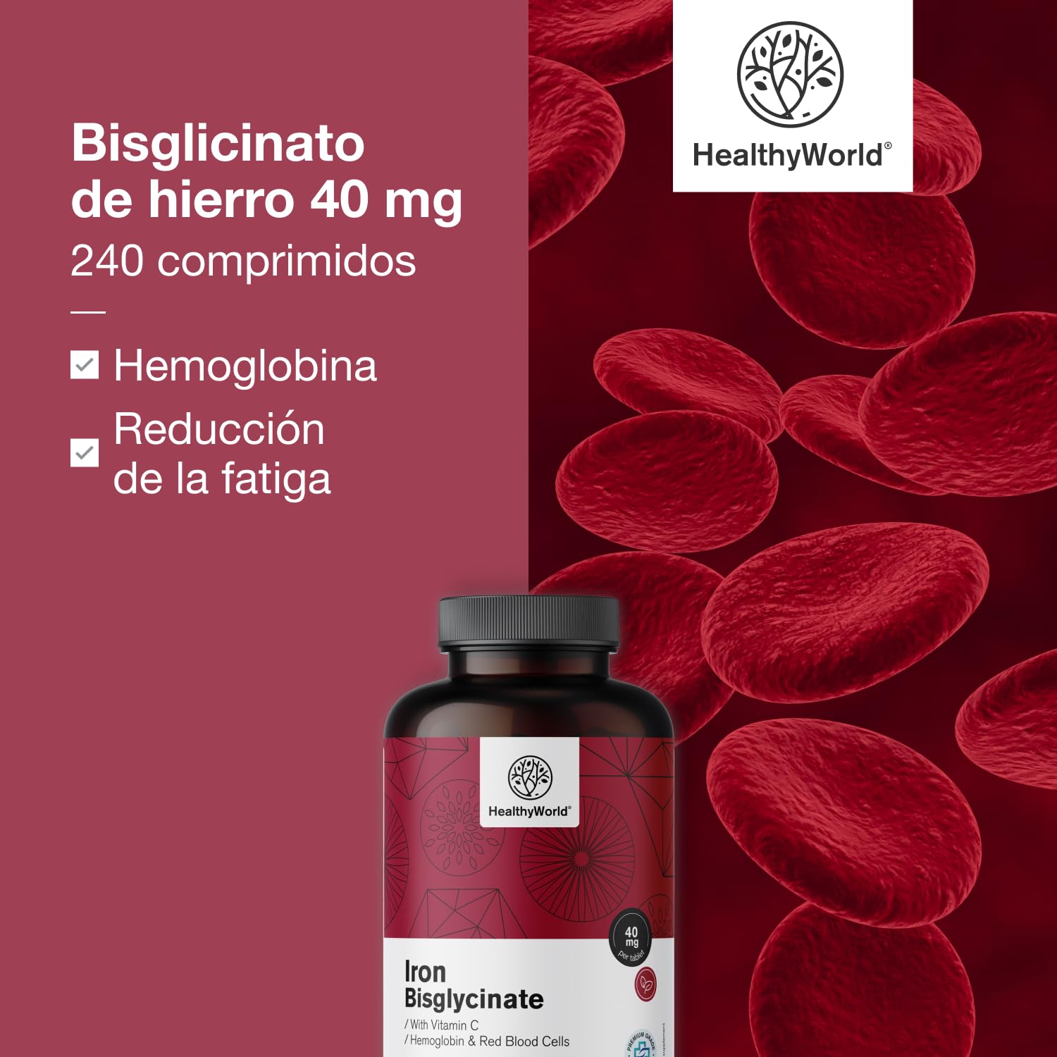HealthyWorld Bisglicinato de hierro - Con vitamina C - 240 Comprimidos - Suministro para 8 meses - Sin OMG ni colorantes artificiales - 40 mg de hierro, 40 mg de vitamina C - Máxima calidad