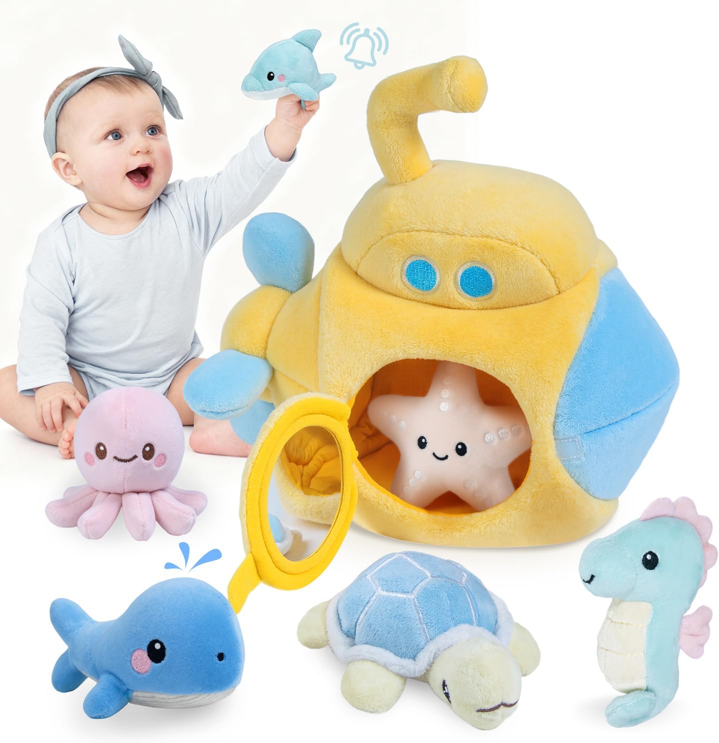 Submarine & Ocean Animals Baby Toys 6-12 Month, Sensory Toy Set with Whale, Dolphin, Starfish, Octopus, Turtle, Seahorse, Soft Montessori Toys for Infants 0-3