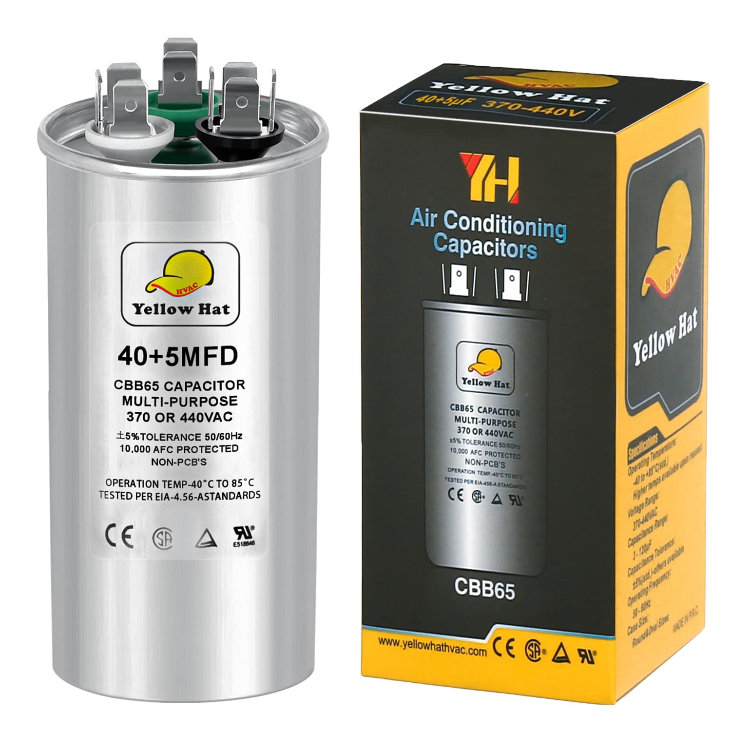 Capacitor for Air Conditioner 40+5 uf MFD 370 or 440 Volt VAC, Multi-Purpose Round Capacitor for AC Motor Run or Fan Motor Start or Condenser Straight