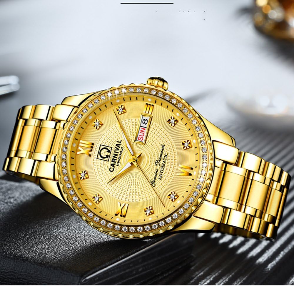 Carnival Mens Dial Automatic Full Gold Stainless Steel Sapphire Glass Waterproof Men Black Watch