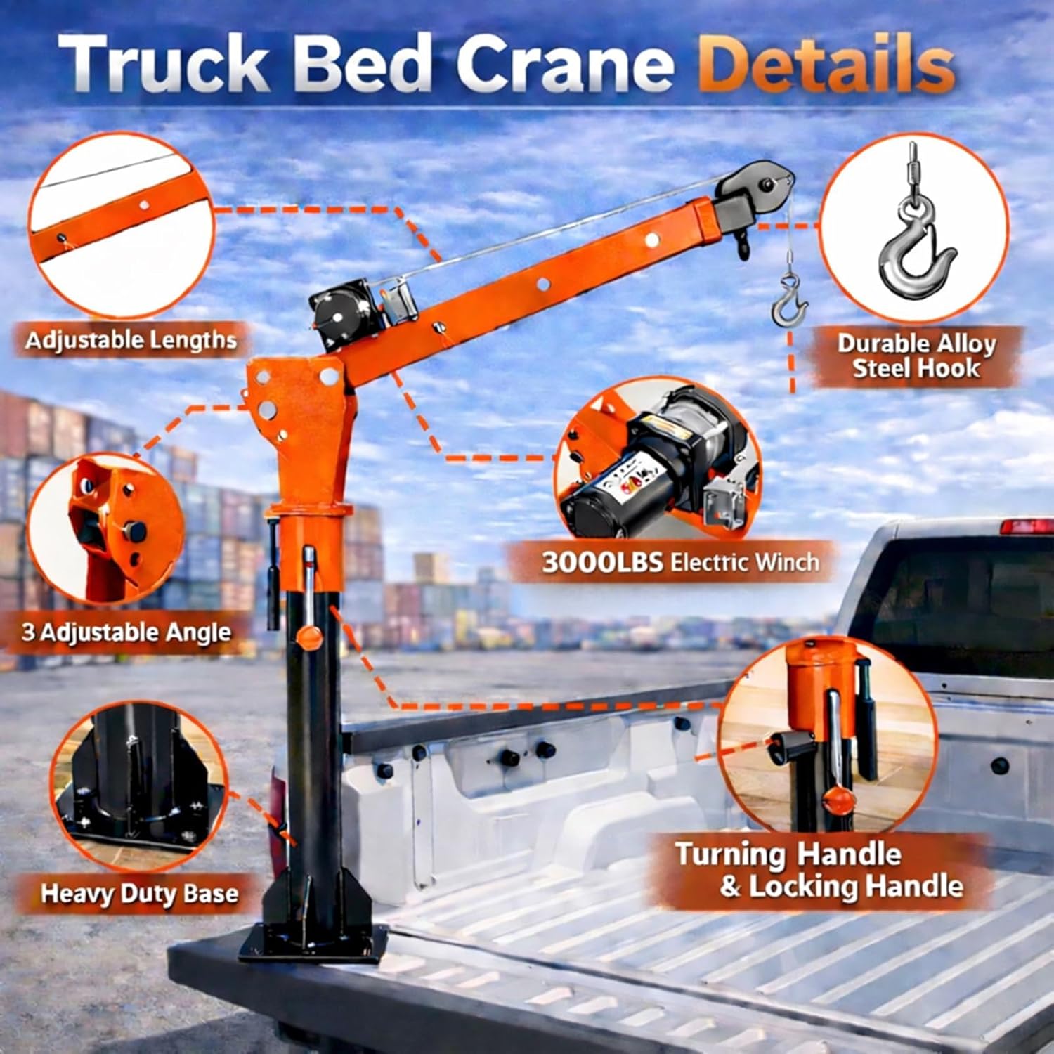 Truck Crane 3000 LBS, Truck Bed Crane with 3000 LBS Electric Winch, 360° Swivel & Three Adjustable Boom for Various Environments, for Lifting Goods in Construction, Factory,Workshop Loading