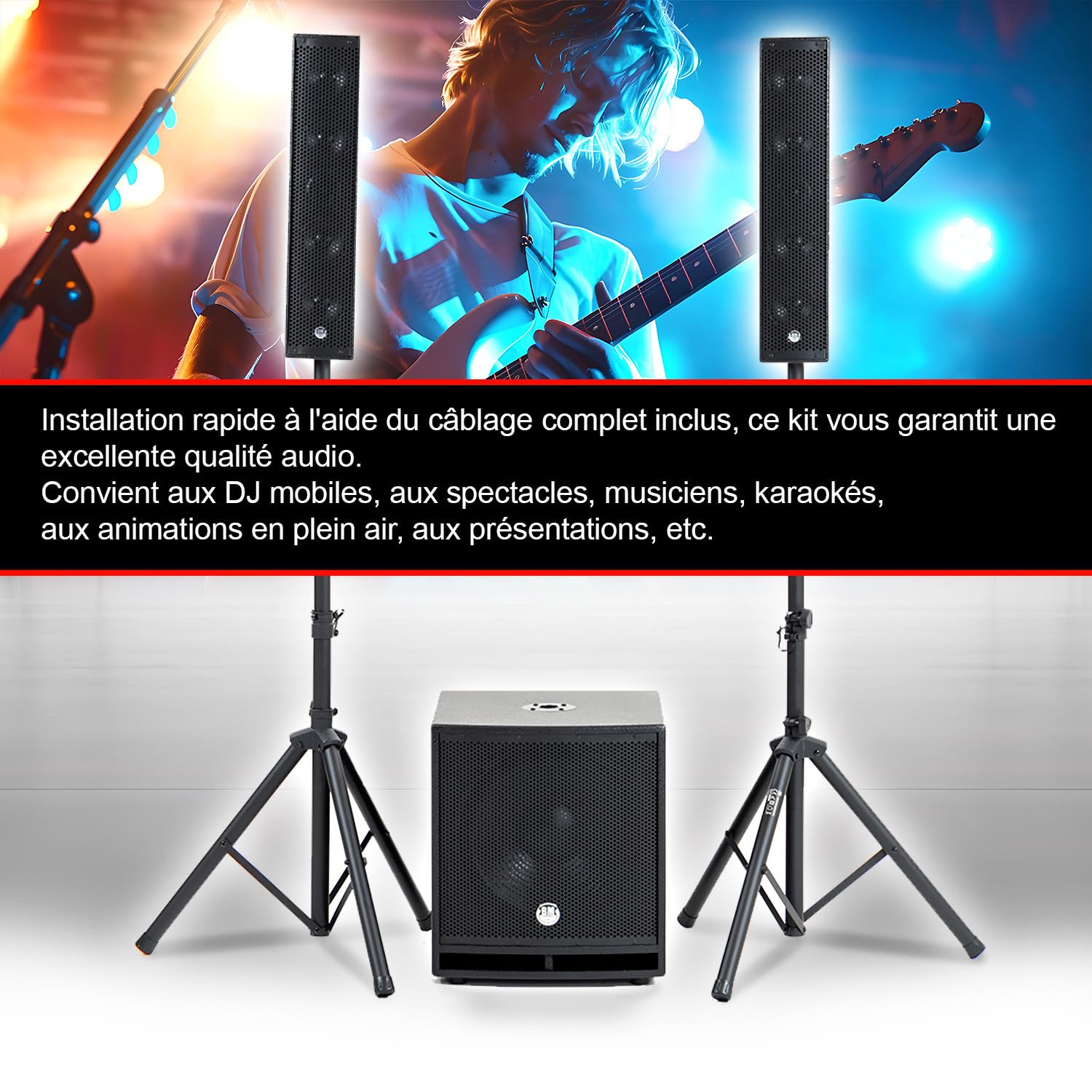 Pack Sono DJ Complet BM Bmsonic BMS-15-SLIM-BT, 1200W Enceintes Satellites, SUB 38cm USB/Bluetooth, Supports Câbles, Micro