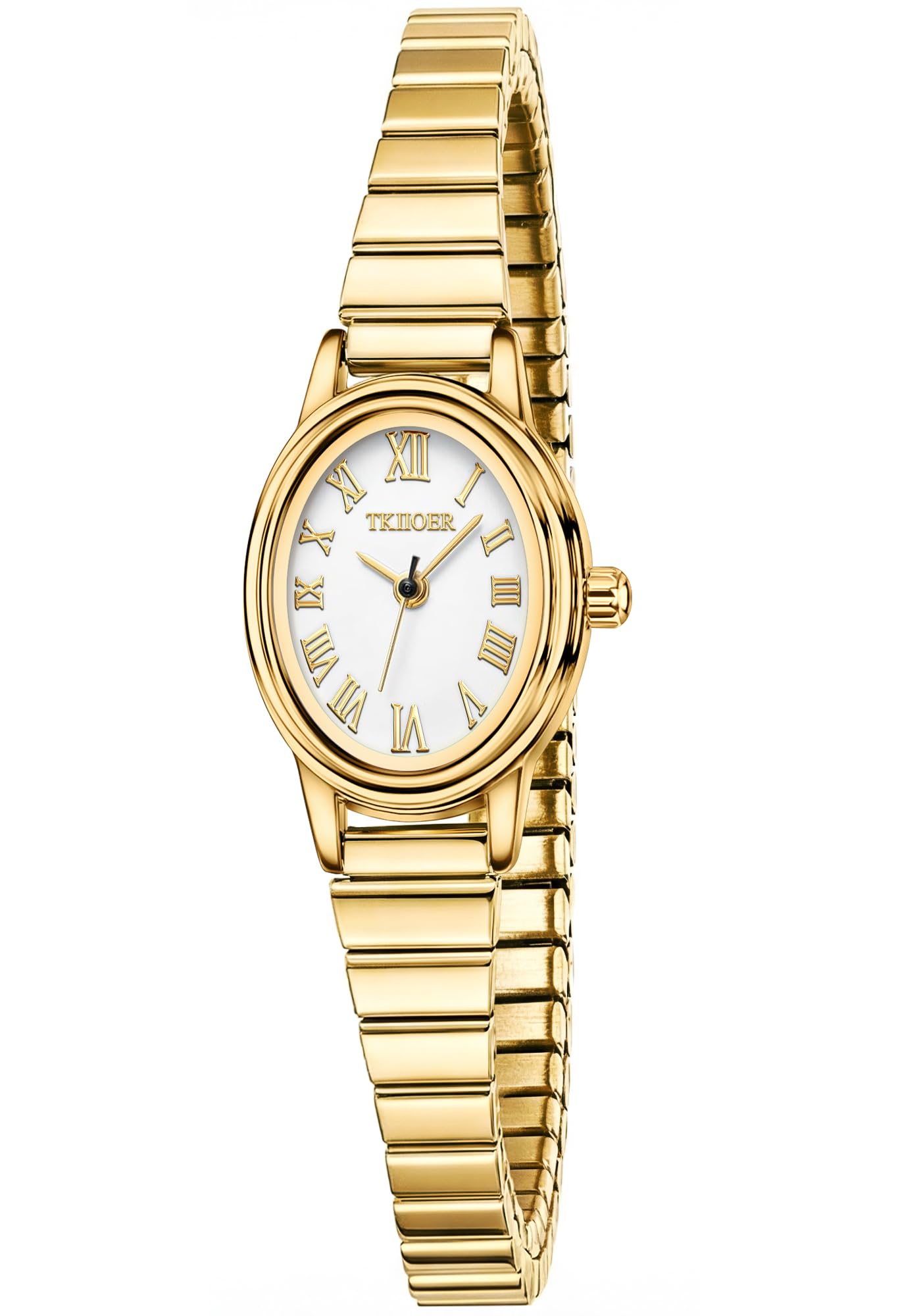 TKIIOER Small Gold Watches for Women, Easy to Read Dial Ladies Analog Watch, Oval Case, Stainless Steel Expansion Band, Water
