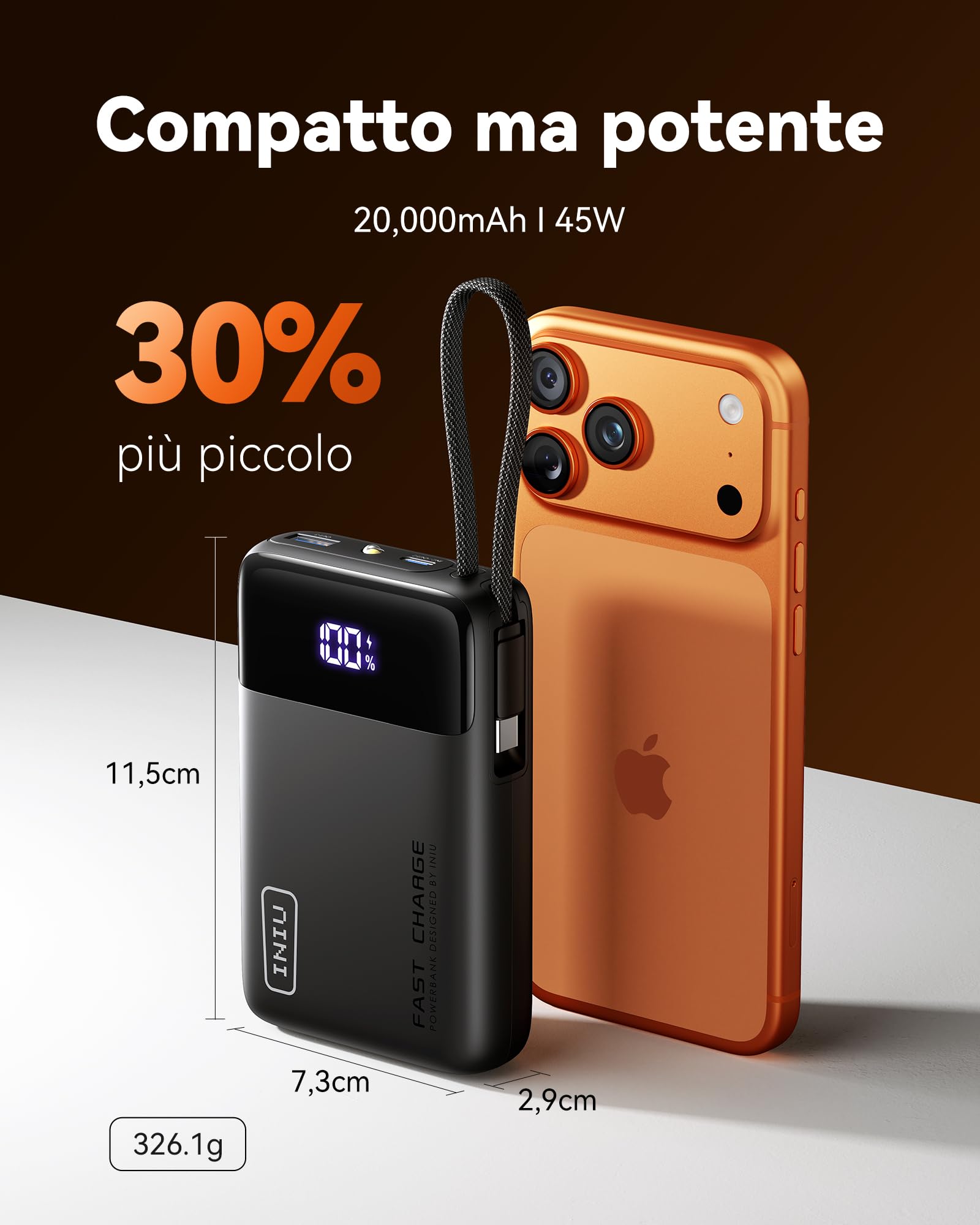 INIU 45W Power Bank, 20000mAh Ricarica Rapida Powerbank con Cavo USB C Integrati, USB C In&Out PD3.0 QC4.0 Caricatore Portatile per iPhone 17 16 15 14 13 Pro Max Mini Plus Samsung Huawei iPad Pro