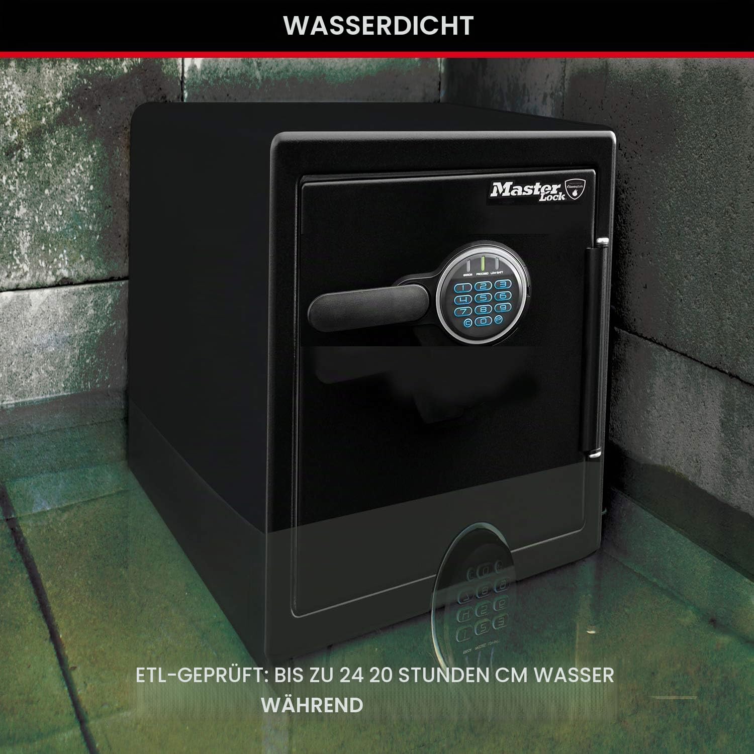 Master Lock Tresor Feuerfest und Wasserdicht mit Zahlencode und Schlüssel, Dreifacher Schutz - Flug, Feuer und Flut, elektronische Kombination und Schlüssel, 56,6 L, 60.3 x 47.2 x 49.1 cm