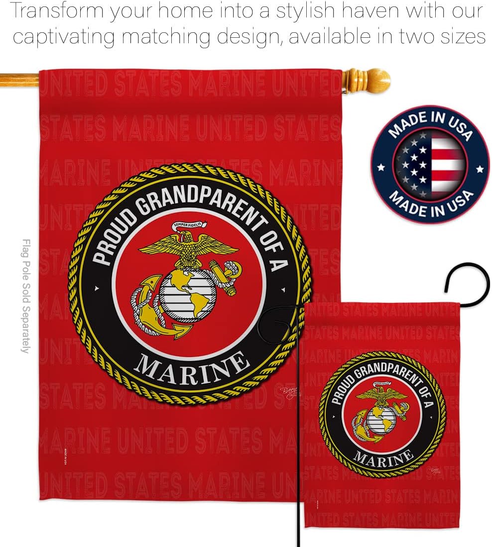 Breeze Decor Proud Grandparent Garden Flag Set Wood Dowel Armed Forces Marine Corps USMC Semper Fi United State American Military Veteran Retire Official House Yard Gift Double-Sided, Made in USA