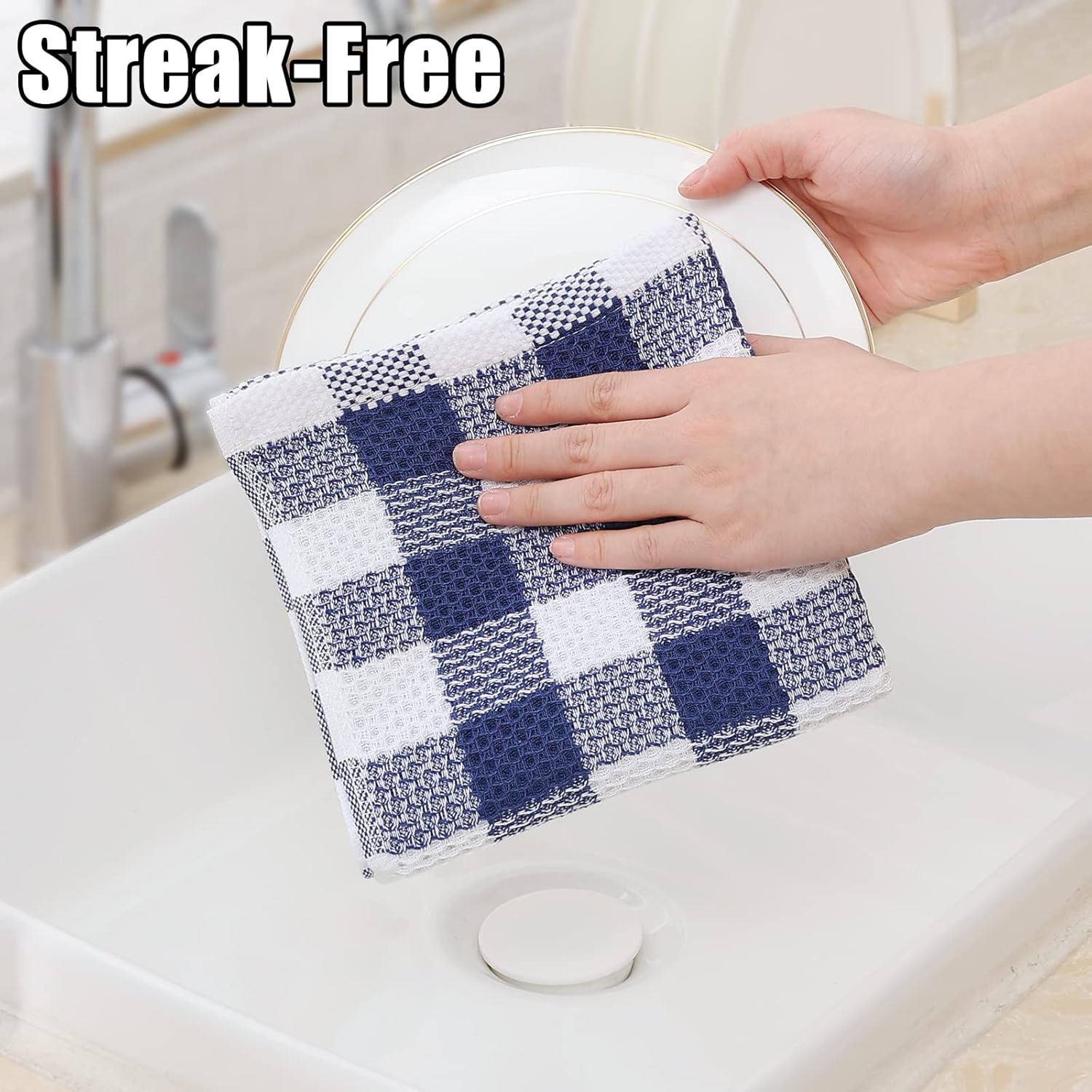 homing Buffalo Plaid Kitchen Towels and Dishcloths Set, 12" x 12" and 13" x 28", Set of 8 Bulk Cotton Waffle Weave Dish Towels, Super Soft Absorbent Hand Towels for Kitchen, Blue & White - Image 4
