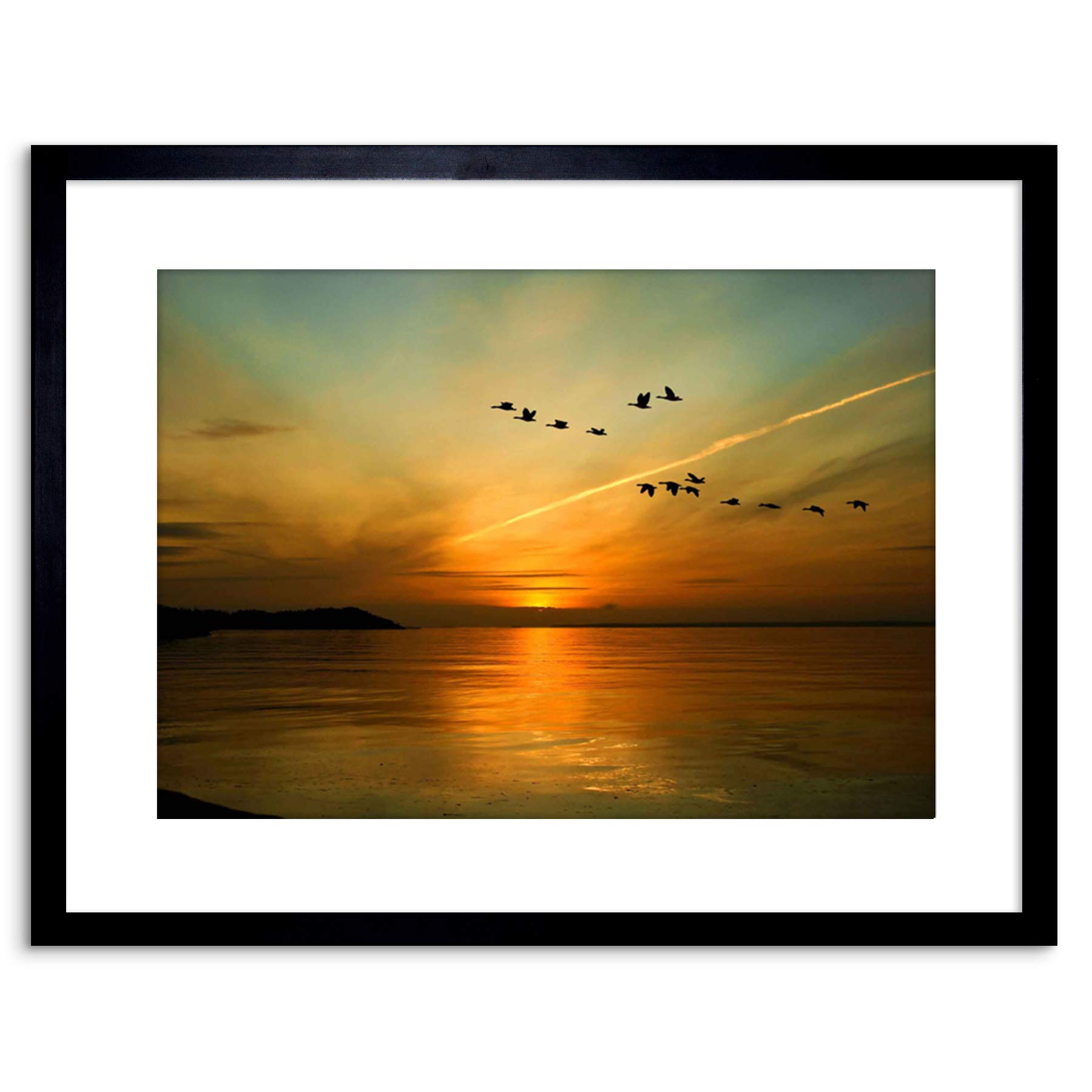Wee Blue Coo 9x7 '' GEESE BIRD FORMATION SUNSET LAKE FRAMED ART PRINT PICTURE PHOTO F97X366