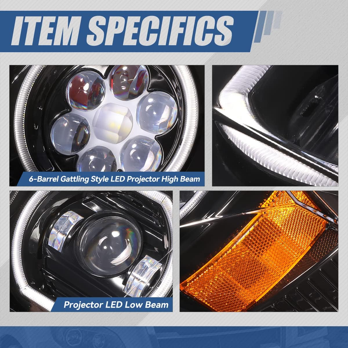 Auto Dynasty Full LED Dual LED Halo DRL Projector Headlights Assembly Compatible with Freightliner Cascadia (New Body) 2018-2024, Driver and Passenger Side, Black Housing