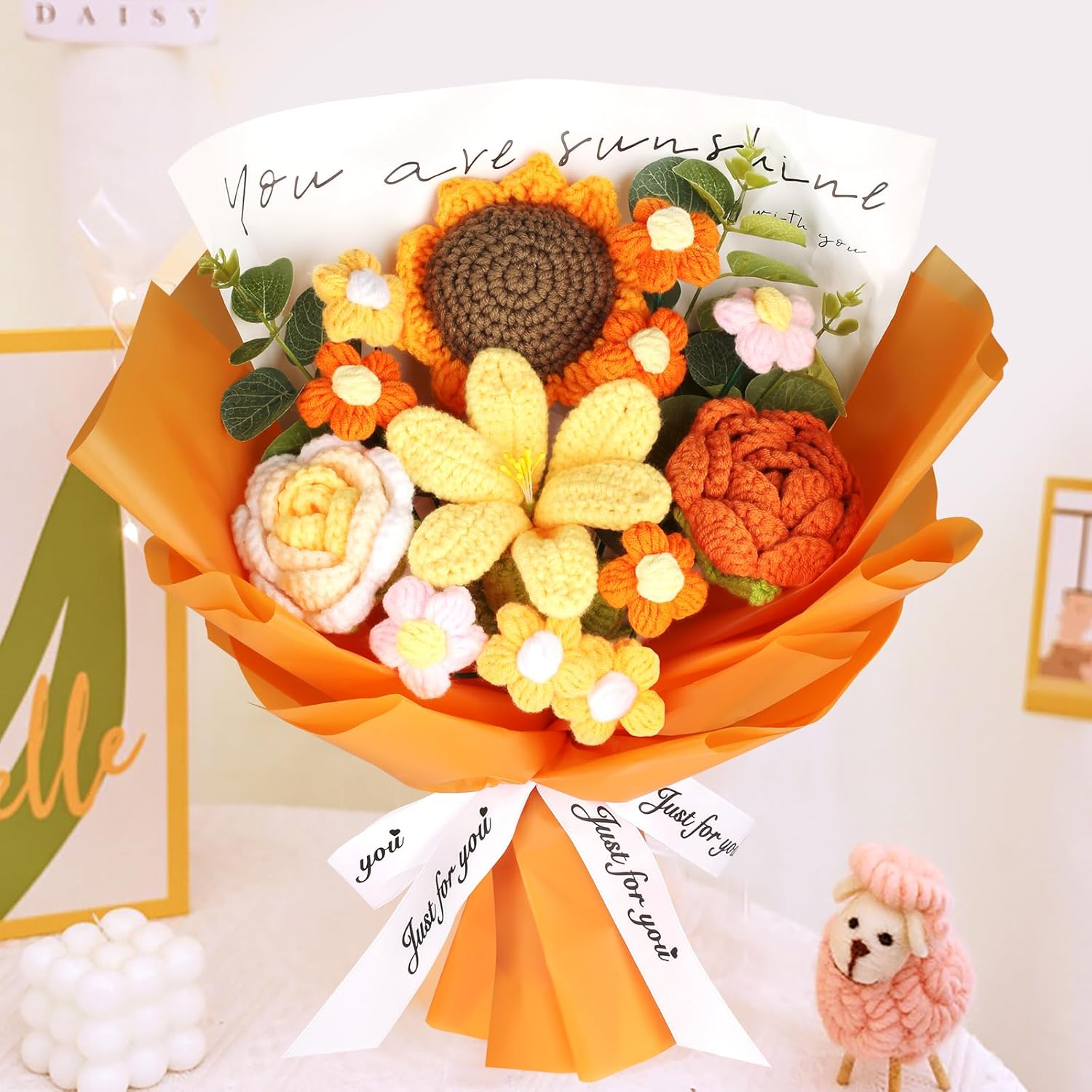 Crochet Flower Bouquet for Mothers Day Anniversary Birthday Gift, Handmade Knitted 13 Crochet Flowers, Rose Tulip Sunflower Bouquet