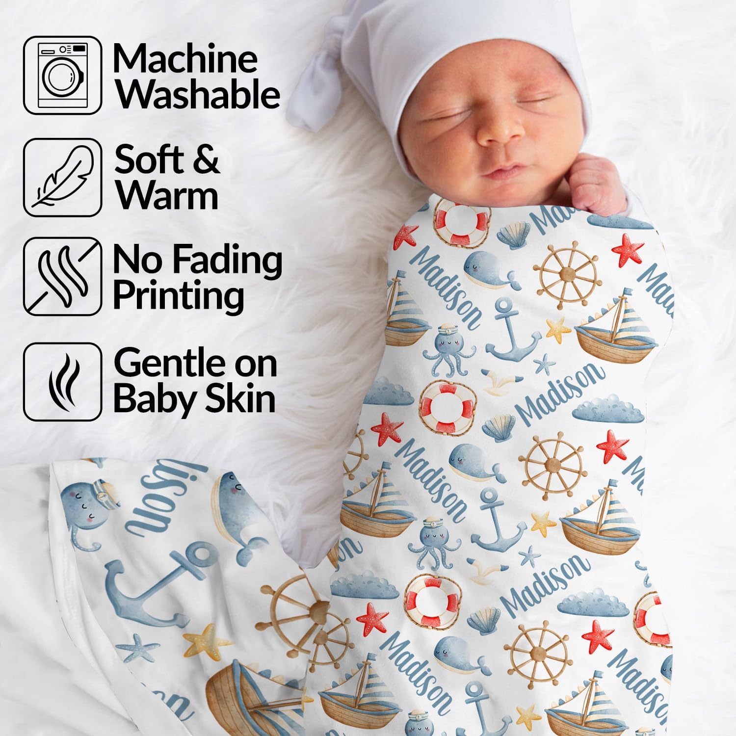 Custom Nautical Name Blanket, Personalized Sailboat Swaddle, New Mom Gift, Newborn Gift, Sailor, Nautical Nursery Decor