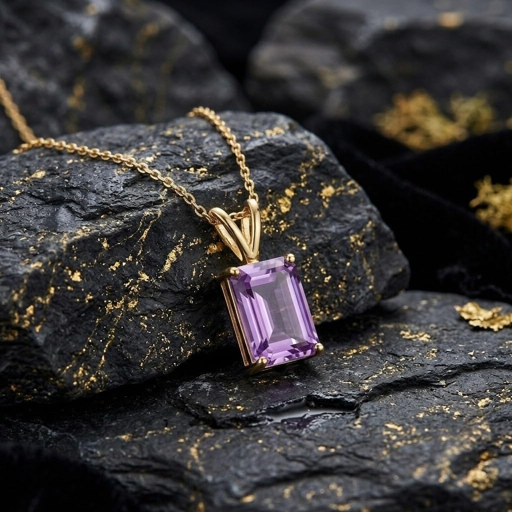 10K 14K 18K Gold Natural Amethyst Solitaire Necklace, Customizable 1-10 Carat, Purple Gemstone Solitaire Pendant Necklace Jewelry Gifts for Women Wife Mother