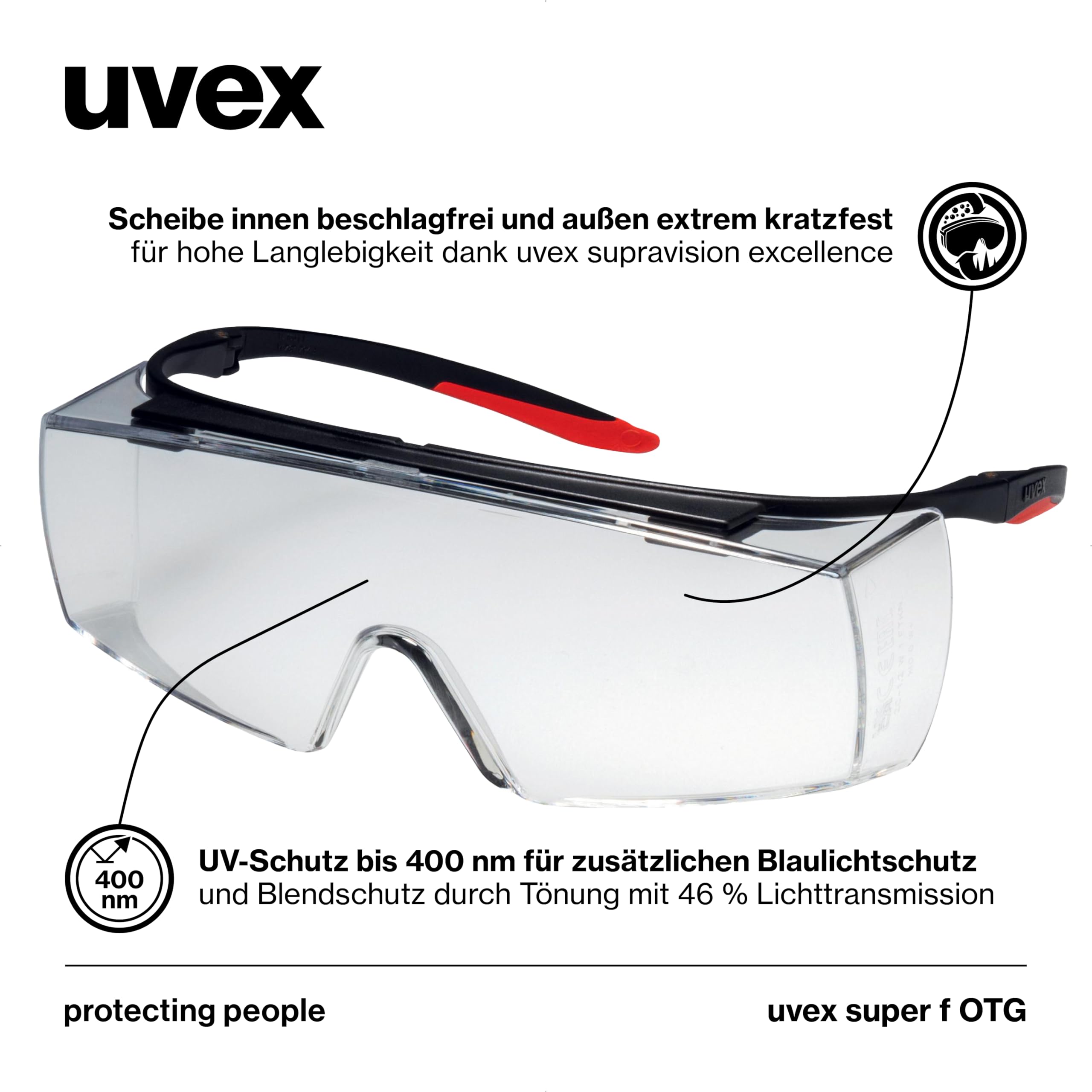 Uvex Super F OTG okulary ochronne dla osób noszących okulary, ochrona przed zaparowaniem, na zewnątrz bardzo odporne na zarysowania i chemikalia