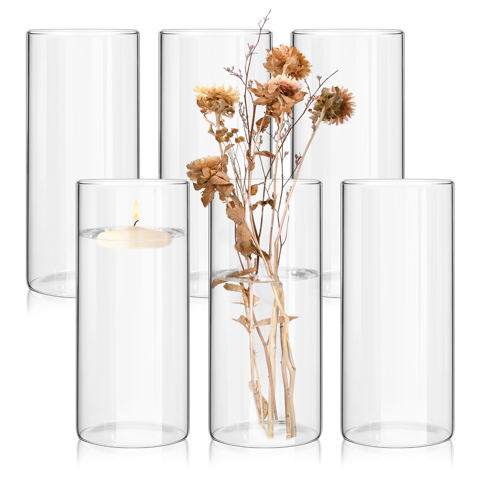 6 Pack Glass Cylinder Vases 10 Inch Tall Clear Flower Vase Bulk Glass Vases Hurricane Floating Candle Holder for Table Centerpiece Party Wedding Home Decor