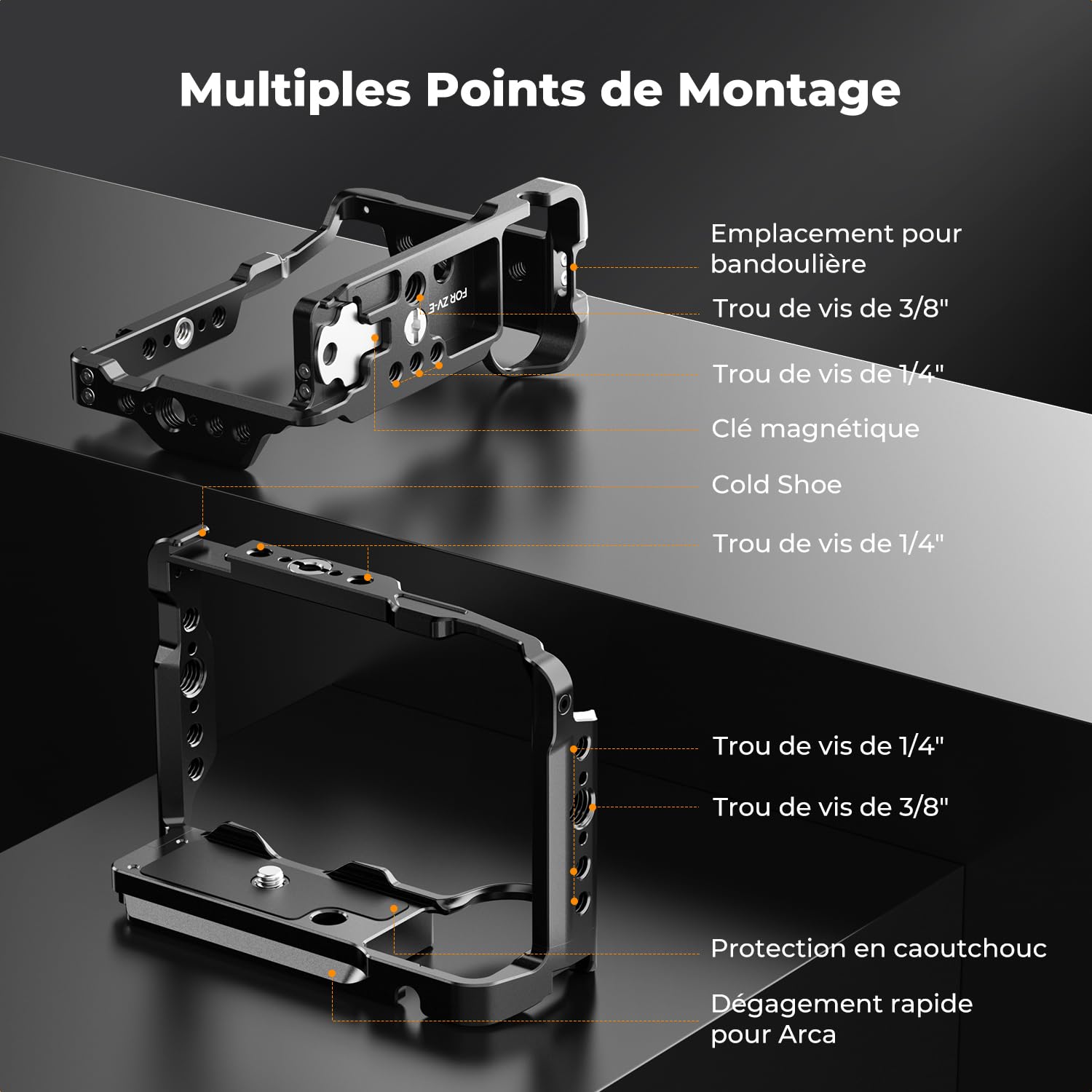 K&F CONCEPT Cage Compatible avec Sony ZV-E10 II en Aluminium Ultra Légère 119g Solide et Stable avec Cold Shoe Filetages 1/4" et 3/8" Base Arca Protection Silicone Démontage Rapide