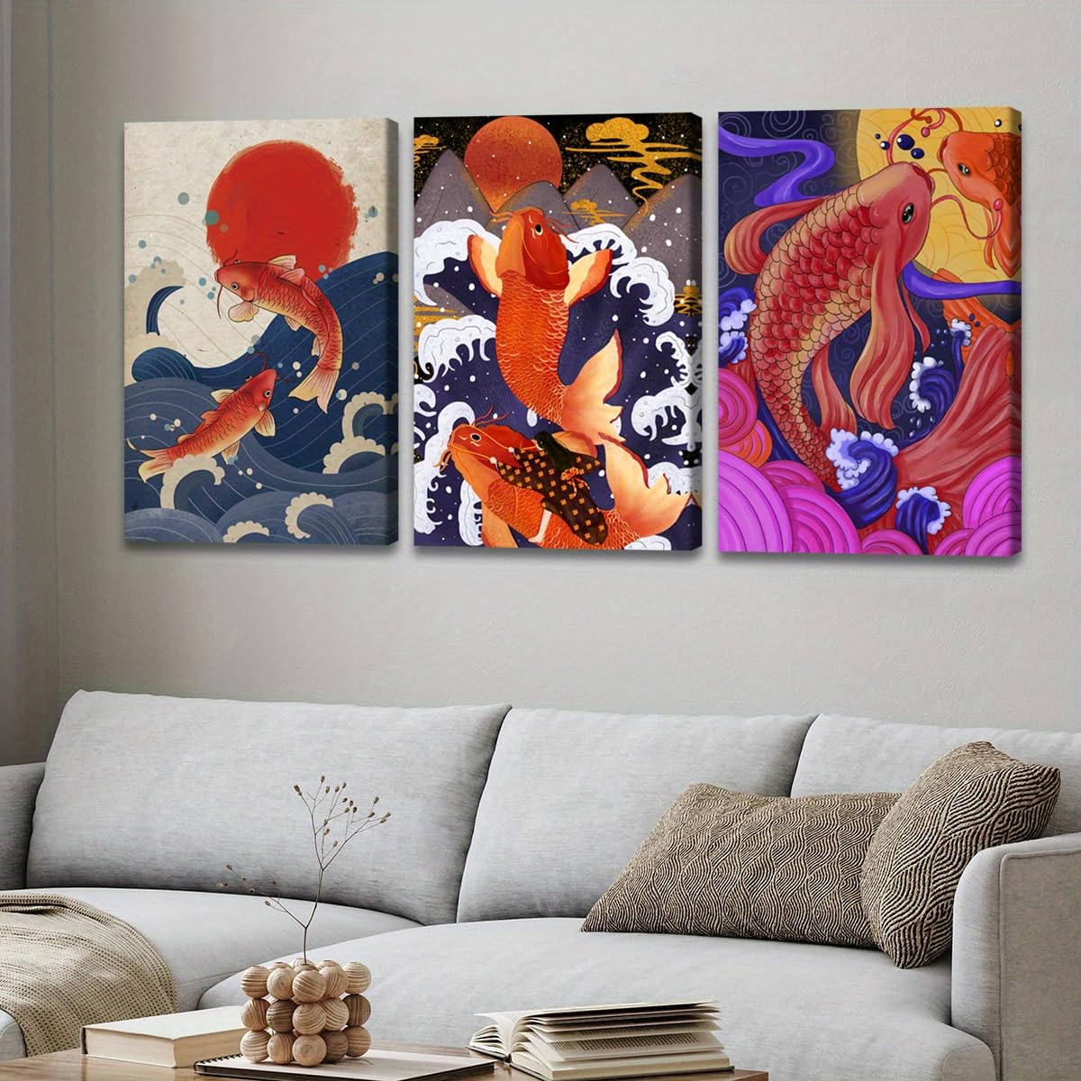Cuadro decorativo de pared japonés con diseño de olas y peces koi (3 piezas), ideal para sala de estar o dormitorio (70x90cm x 3/Sin marco).