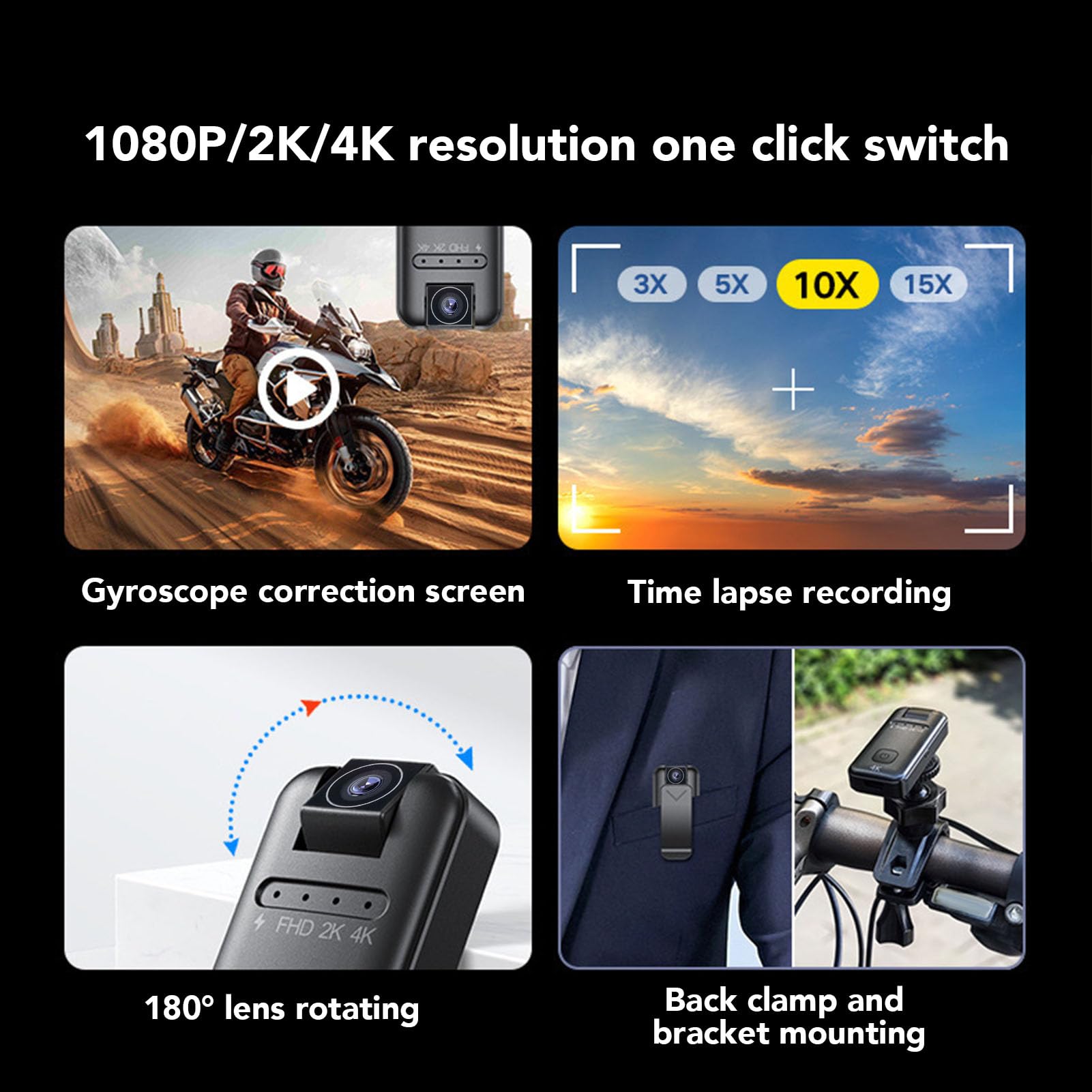 Kamera 4K z Nagrywaniem Audio, Woda do Noszenia Korpusu, 180 ° Obiektywu Obrotowego, Przenośna Mini Skrzynia i Klips On Camera do Jazdy na Rowerze, Sport, na Zewnątrz