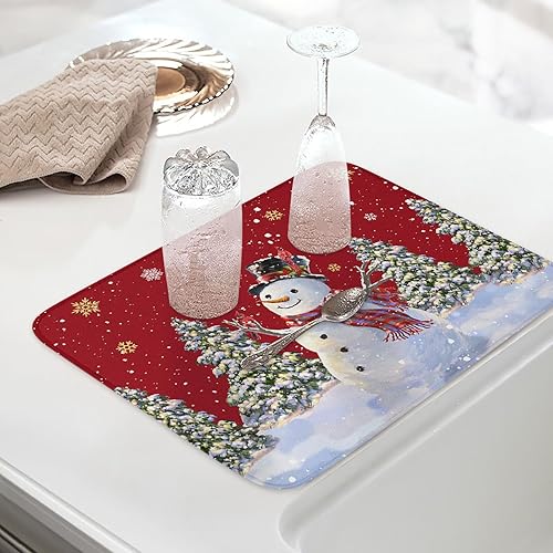 Miniatura 5 de Tapete de secado de platos rojo de Navidad para encimera de cocina, tapete de cocina de secado de muñeco de nieve de Navidad para fregadero,
