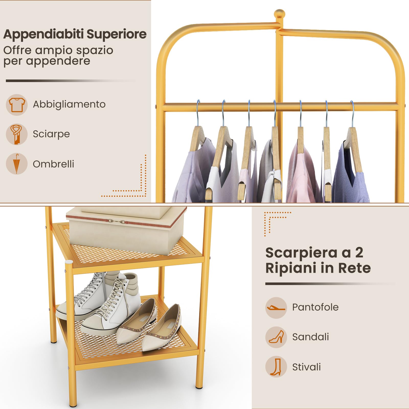 RELAX4LIFE 2 in 1 Appendiabiti da Terra con 2 Ripiani a Rete, Appendiabiti ad Angolo per Ingresso, Kit Antiribaltamento Incluso, per Camera, Ufficio, Corridoio, 42 x 42 x 194 cm (Dorato)