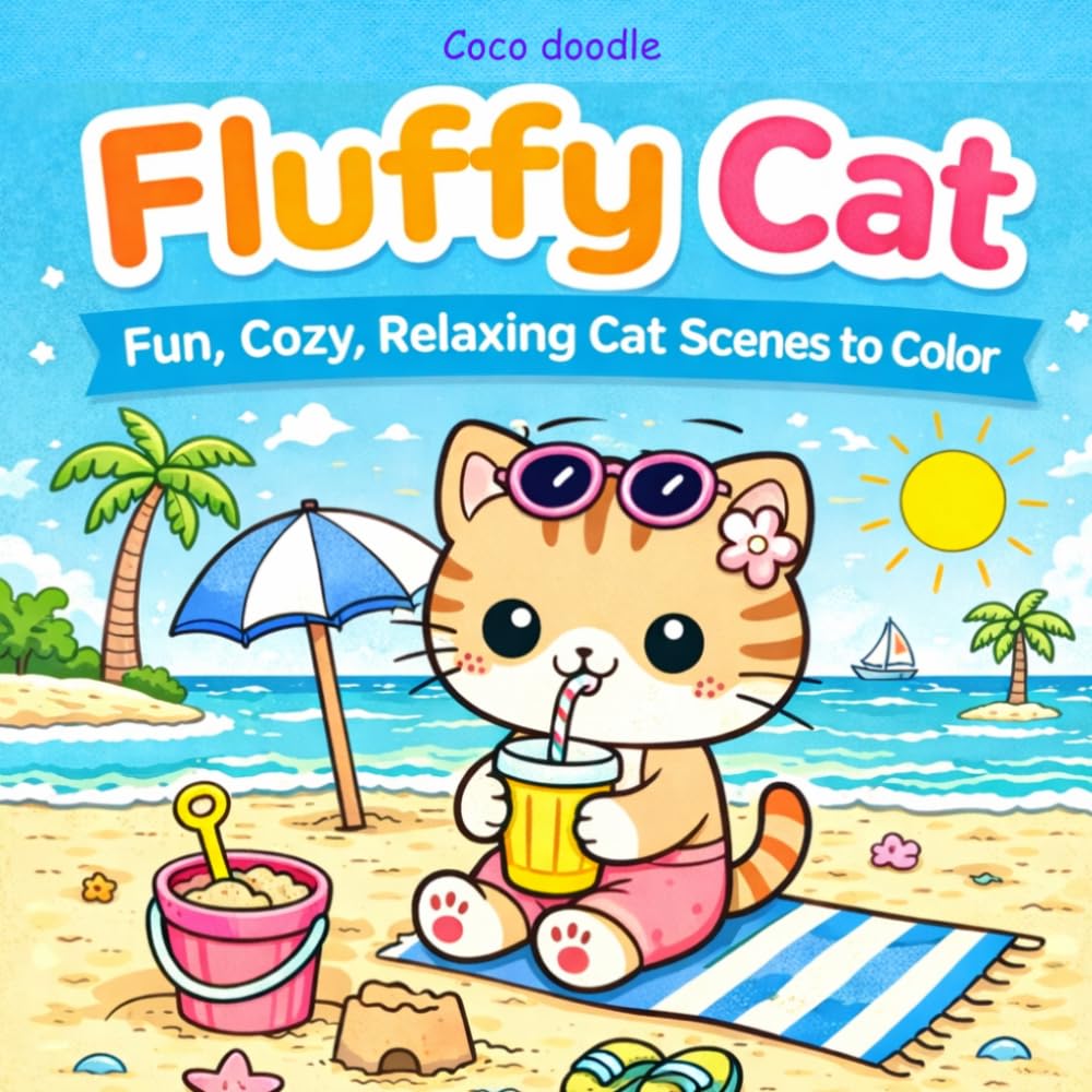 Coloring Book: Fluffy Cat: Fun, Cozy, Relaxing Cat Scenes to Color for Kids and Adults