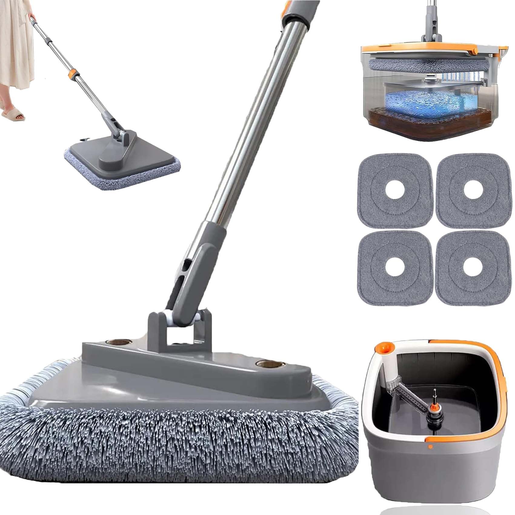 Juego de fregona giratoria autolavable M16 – Mopa cuadrada giratoria ajustable de 360° con cubo y escurridor para una fácil limpieza en húmedo/seco, perfecta para fregar sin esfuerzo