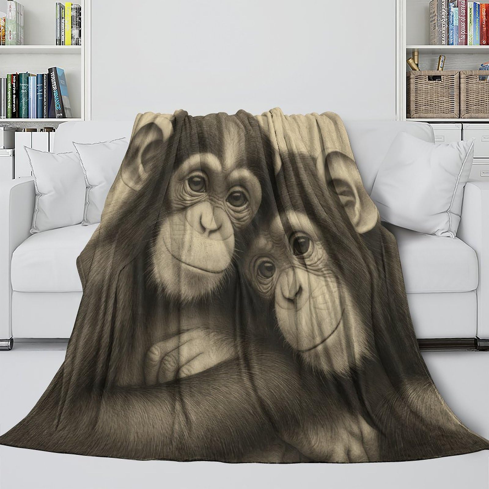 stampa 3D scimpanzé babies plaid in pile microfibra biancheria da letto morbido coperta in pile anti-pilling per giovani amanti delle serie tv Carino animal 80×90inch(200x230cm)