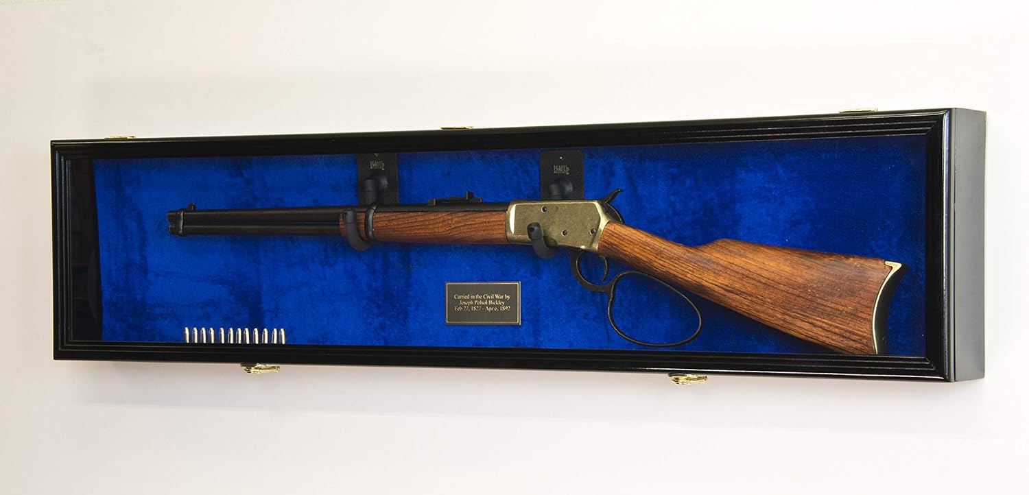 1 Rifle Gun Display Case Cabinet Wall Rack Holder – 44.5” Long Case - Lockable (Black Finish - Blue Felt)