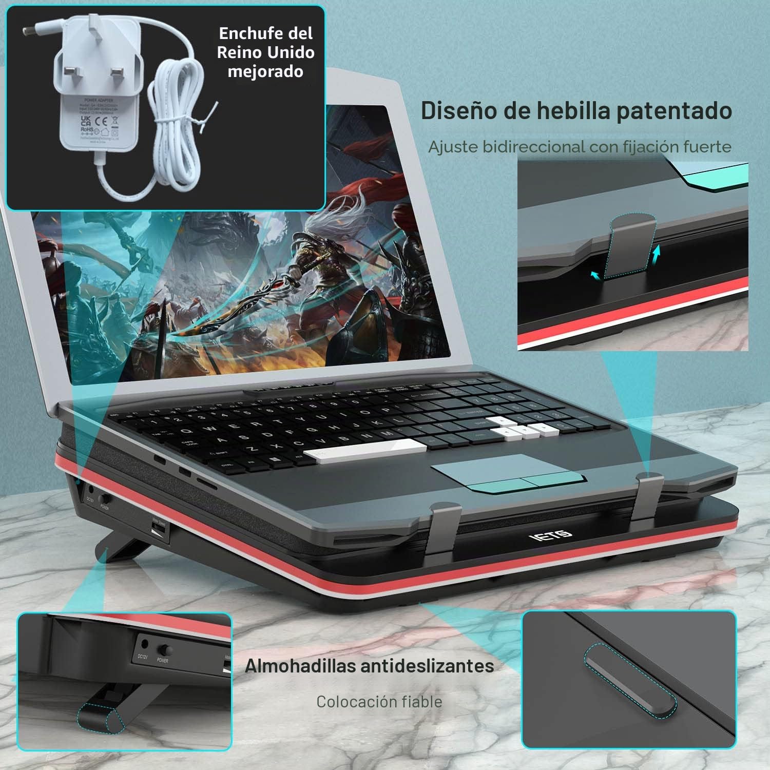 IETS GT500 Base de refrigeración para portátiles de 13"-17,3", potente y rápida, 4200 RPM, velocidad infinitamente variable, espuma de sellado, filtro antipolvo de protección