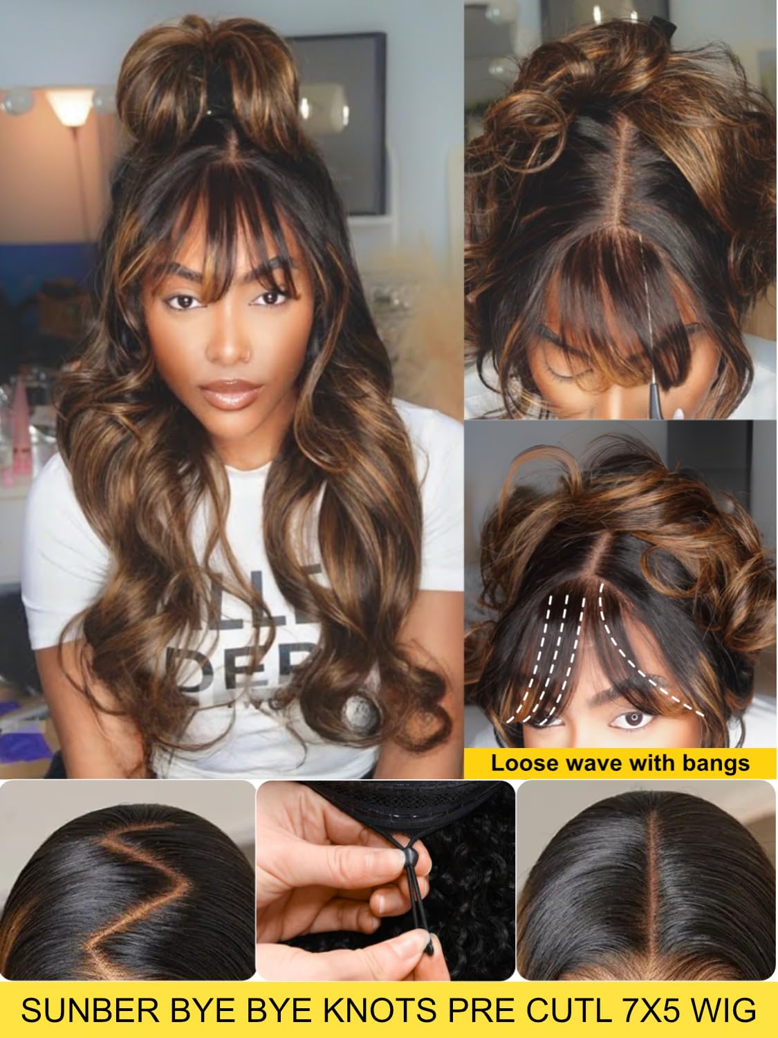 Sunber Ombre Brown Highlight Balayage Loose Body Wave With Bangs Glueless Wigs Pre cut 7x5 HD Lace Front Bye Bye Knots Drawstring Wig 24Inch Put On Go Pre Plucked Bleached Invisible Knots 180% Density