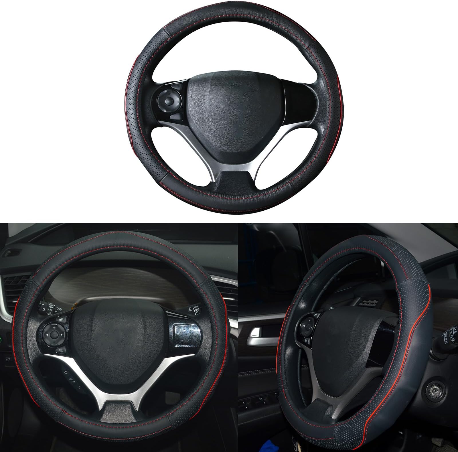 QianBao Genuine Soft Black Leather Car Steering Wheel Cover,Universal Fits 14 Inch Size, Odorless,Anti-Slip, Elegant, Excellent Grip, and Easy Install Wheel Wrap(Small（13.5-14.2）, Red/Black)