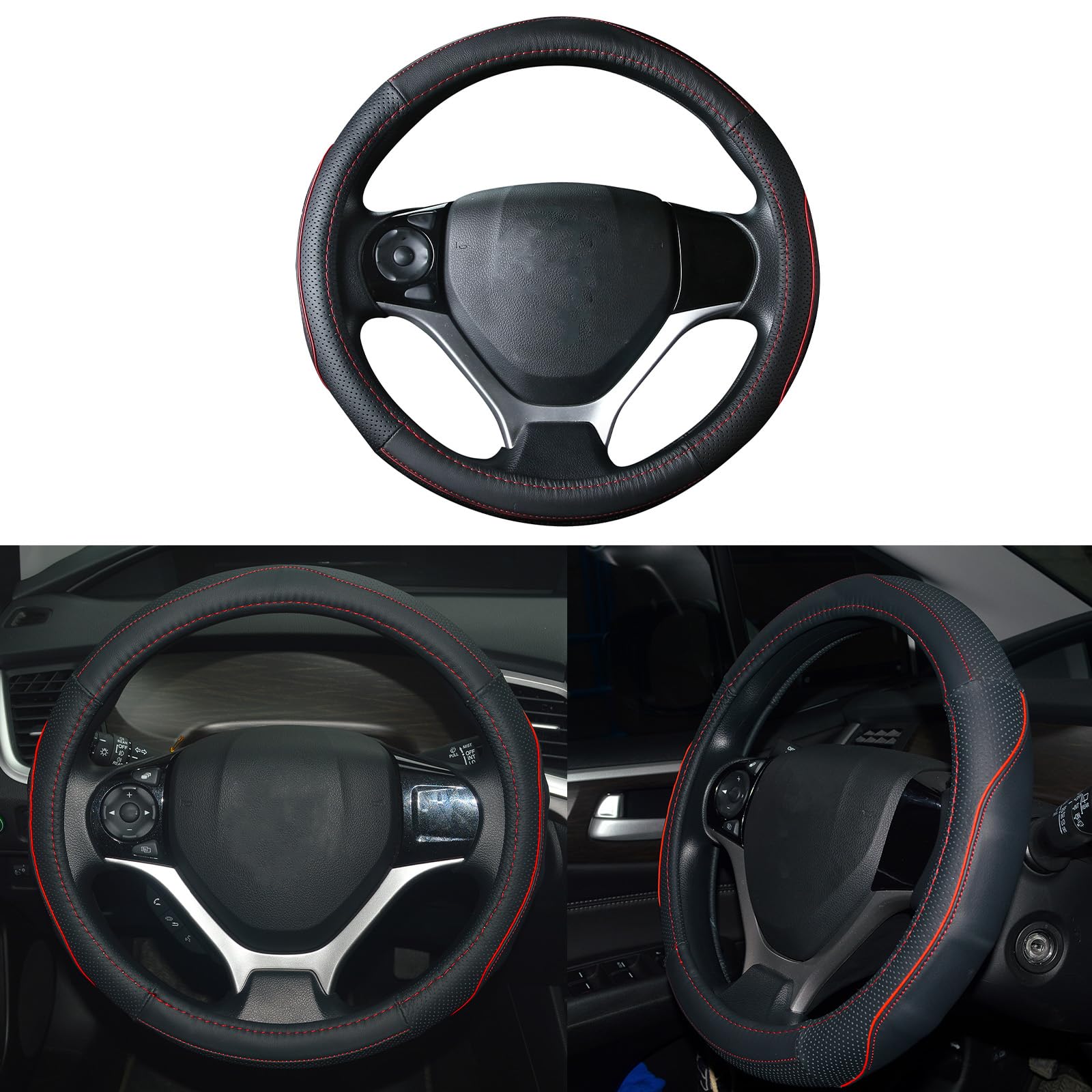 QianBao Genuine Soft Black Leather Car Steering Wheel Cover,Universal Fits 14 Inch Size, Odorless,Anti-Slip, Elegant, Excellent Grip, and Easy Install Wheel Wrap(Small（13.5-14.2）, Red/Black)