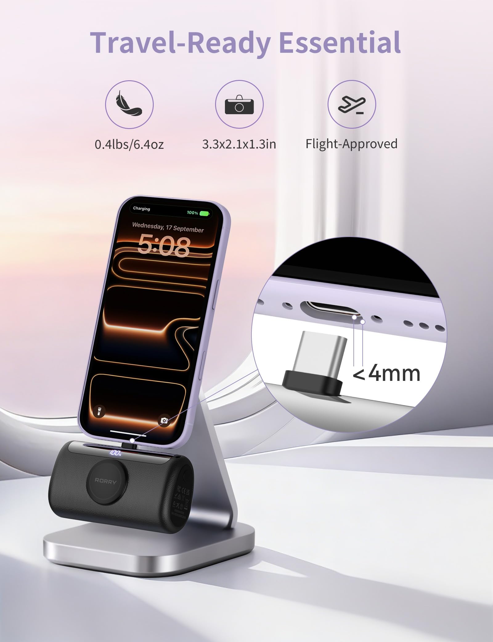 RORRY PalmGo Portable Charger, 10000mAh PD 22.5W Fast Charging Mini Power Bank with Built-in USB C Connector, 3-in-1 Battery Pack for iPhone 17/16/15 Pro/Max, Apple Watch Ultra/11/10/SE, iPad, Purple — view 6