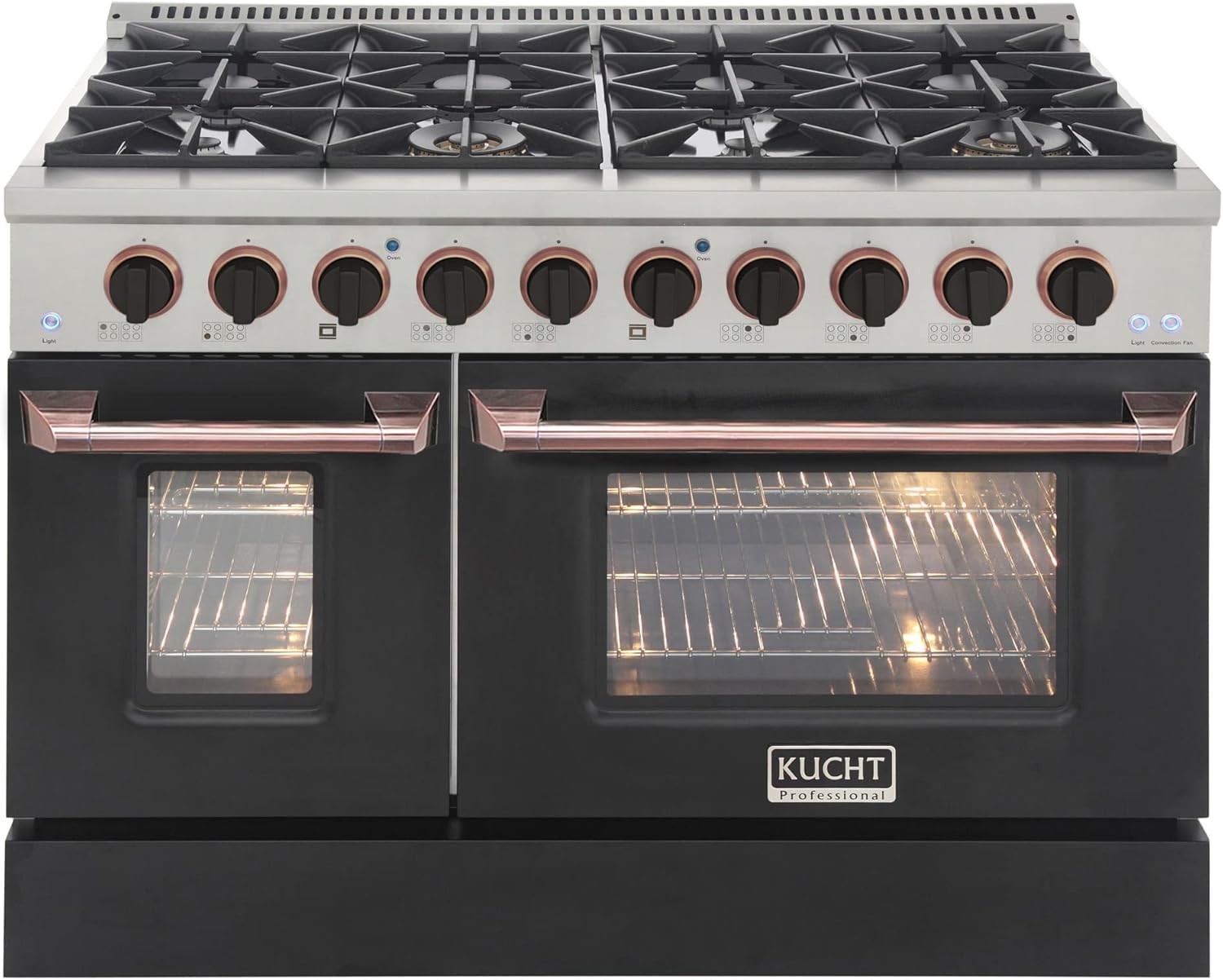 48 in. 6.7 cu. ft. LP ready Double Oven Dual Fuel Range with Gas Stove and Electric Oven with Convection Oven in Black & Rose Gold