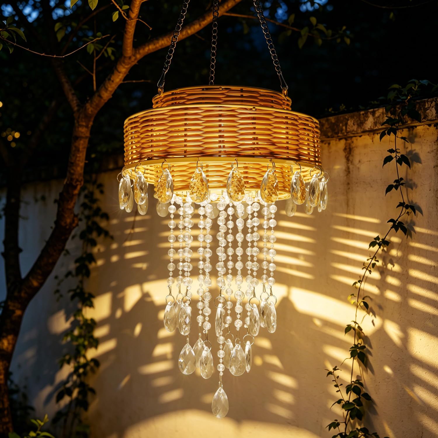 Outdoor Solar Chandelier Light Rattan Hanging Crystal Lantern Tiered Garden Solar Pendant Light for Patio, Porch, Balcony, Gazebo Decoration, Ideal for Garden Lovers Gift (Rattan)