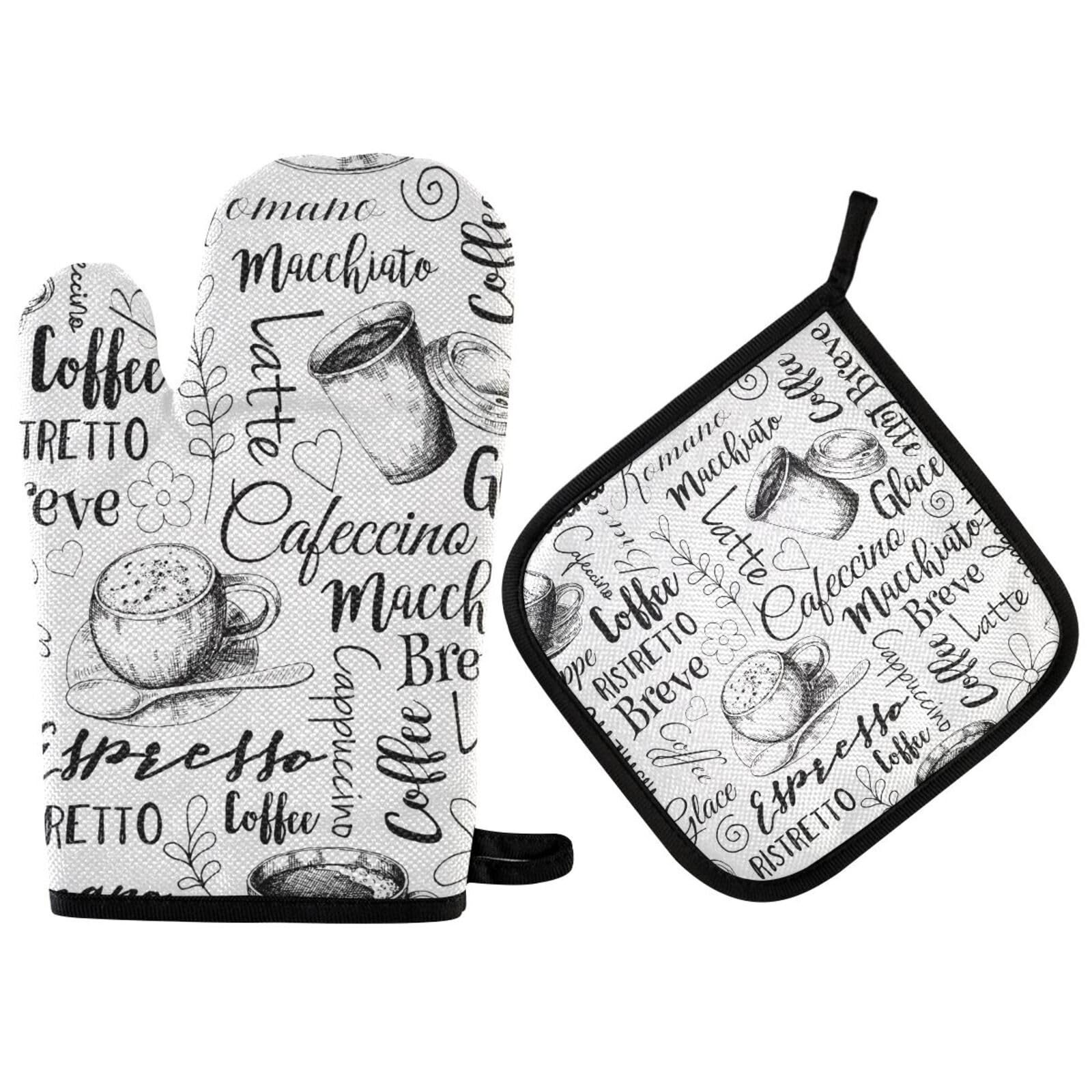 Oven Mitts and Potholder Set Black and White Coffee Coffee Cup Vintage Oven Mitts Heat Resistant Kitchen Counter Safe Mats Oven Gloves Non-Slip Grip for Microwave BBQ Cooking Baking Grilling
