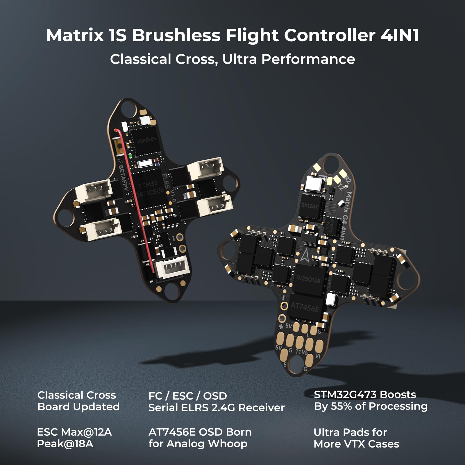 BETAFPV Matrix 1S G4 4IN1 1S Brushless FC 12A ESC ELRS for DIY Flexibility | Equipped with Built-in OSD for Analog Mastery, 5V 3A BEC, High-Capacity 16MB Blackbox & Soldering Pads for External VTX