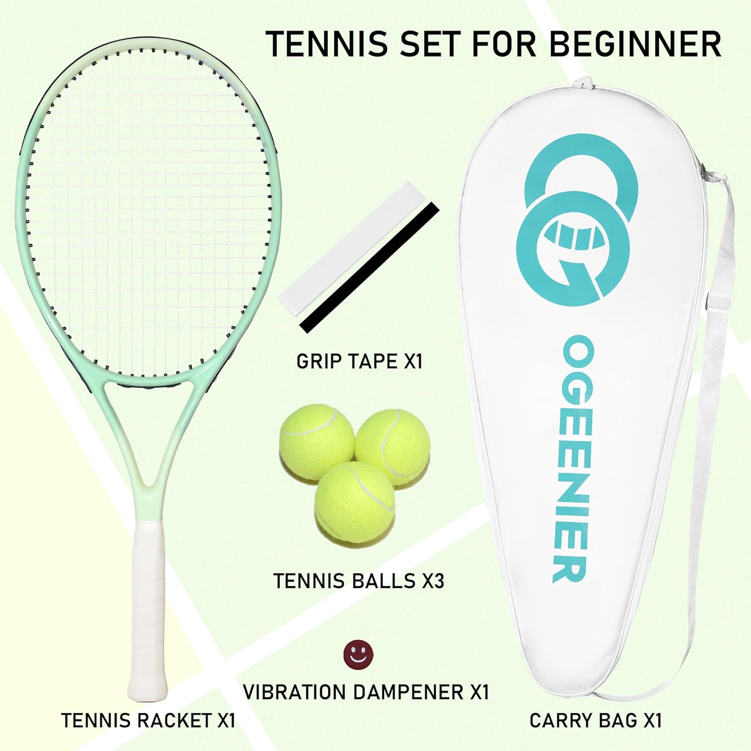 OGEENIER 27" Tennis Racket Set for Adults, Pre-Strung Tennis Racquet for Beginners, Lightweight and Recreational Rackets with Overgrip, Tennis Bag and Tennis Balls