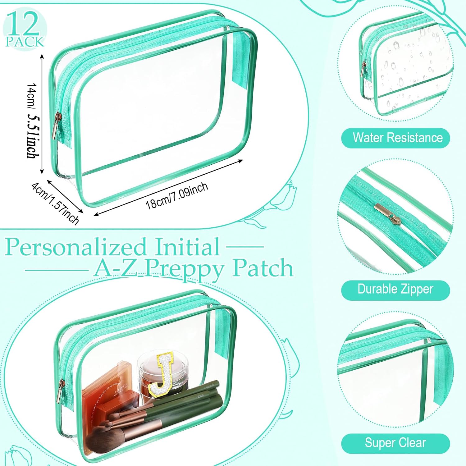 Huhumy 12 Pcs Clear Initial Makeup Bag with 32 A-z Chenille Letter Patch DIY Letters Zipper Cosmetic Bag Waterproof Beach Storage for Women Men Girls Travel Birthday Gift(Green, White Letters)
