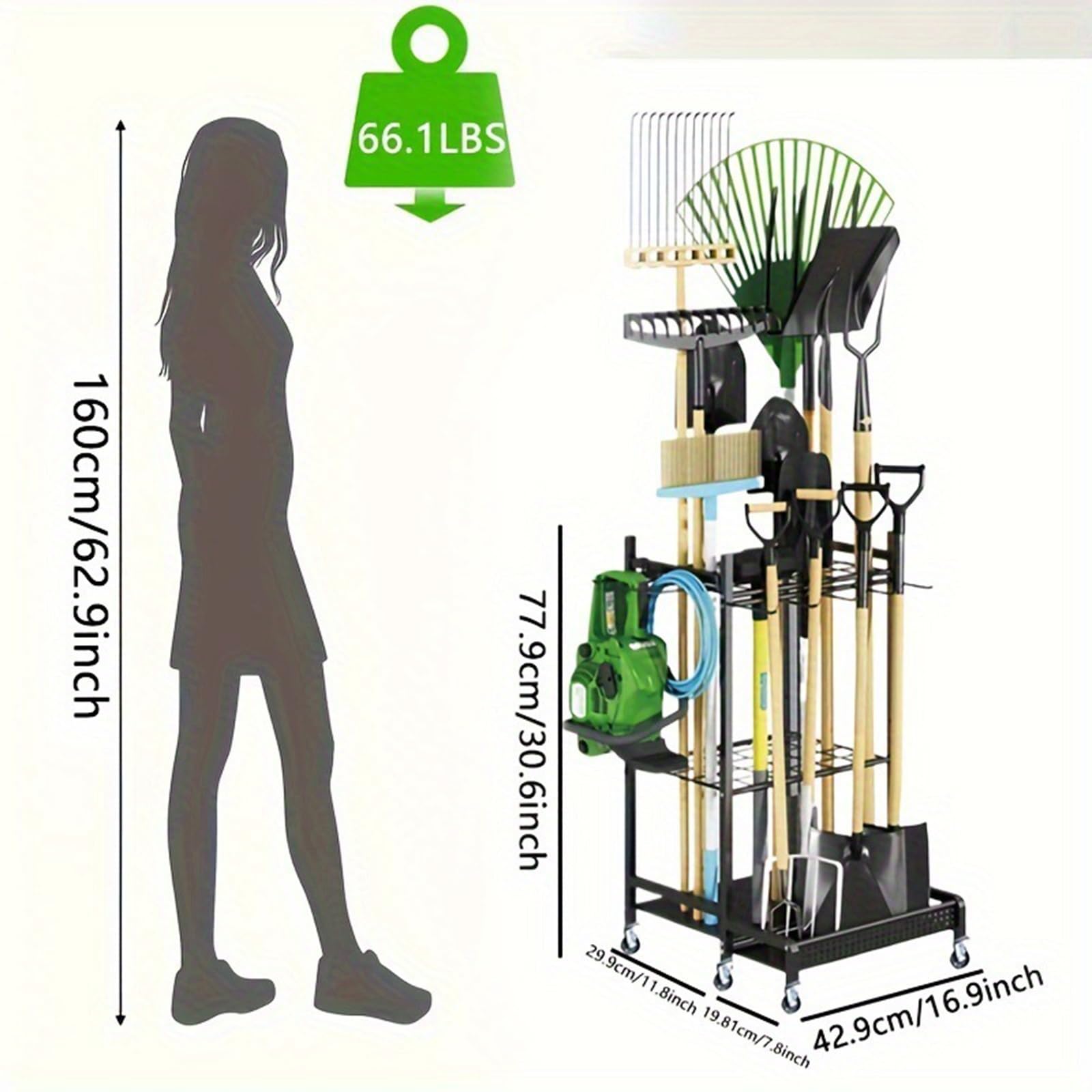 Organizador de Herramientas de jardín con Ruedas, Soporte para Escoba, fregona, Pala, rastrillo, cobertizo de Garaje, Soporte para Herramientas de Exterior, Torre para Herramientas