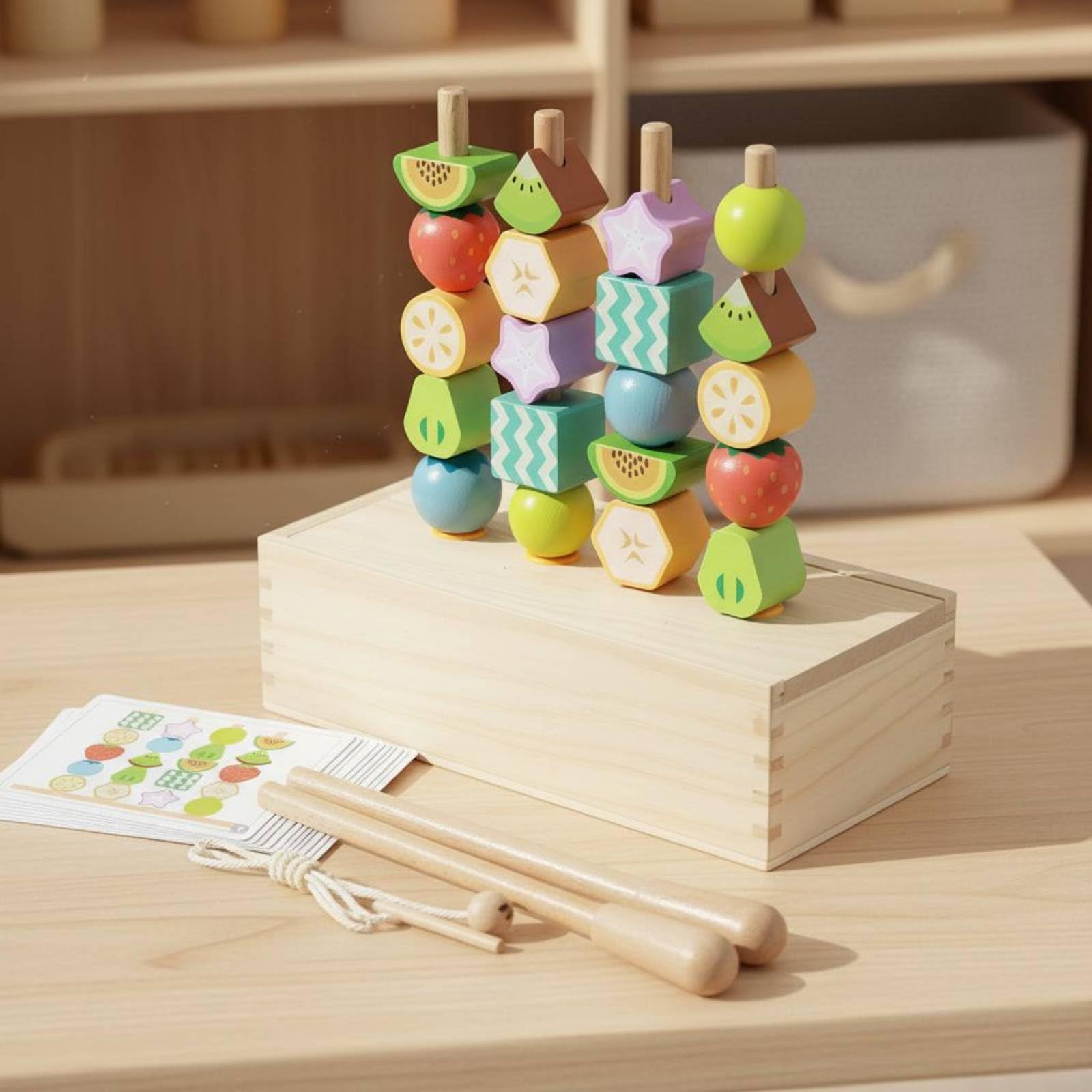 Perline Educative Bambini Set Gioco Legno Frutta Perline Infilare Ordinare Sequenze Carte Attrezzi Infilatura Apprendimento Pratico Motricità Fine Faggio Adatto per Casa Asilo Aula
