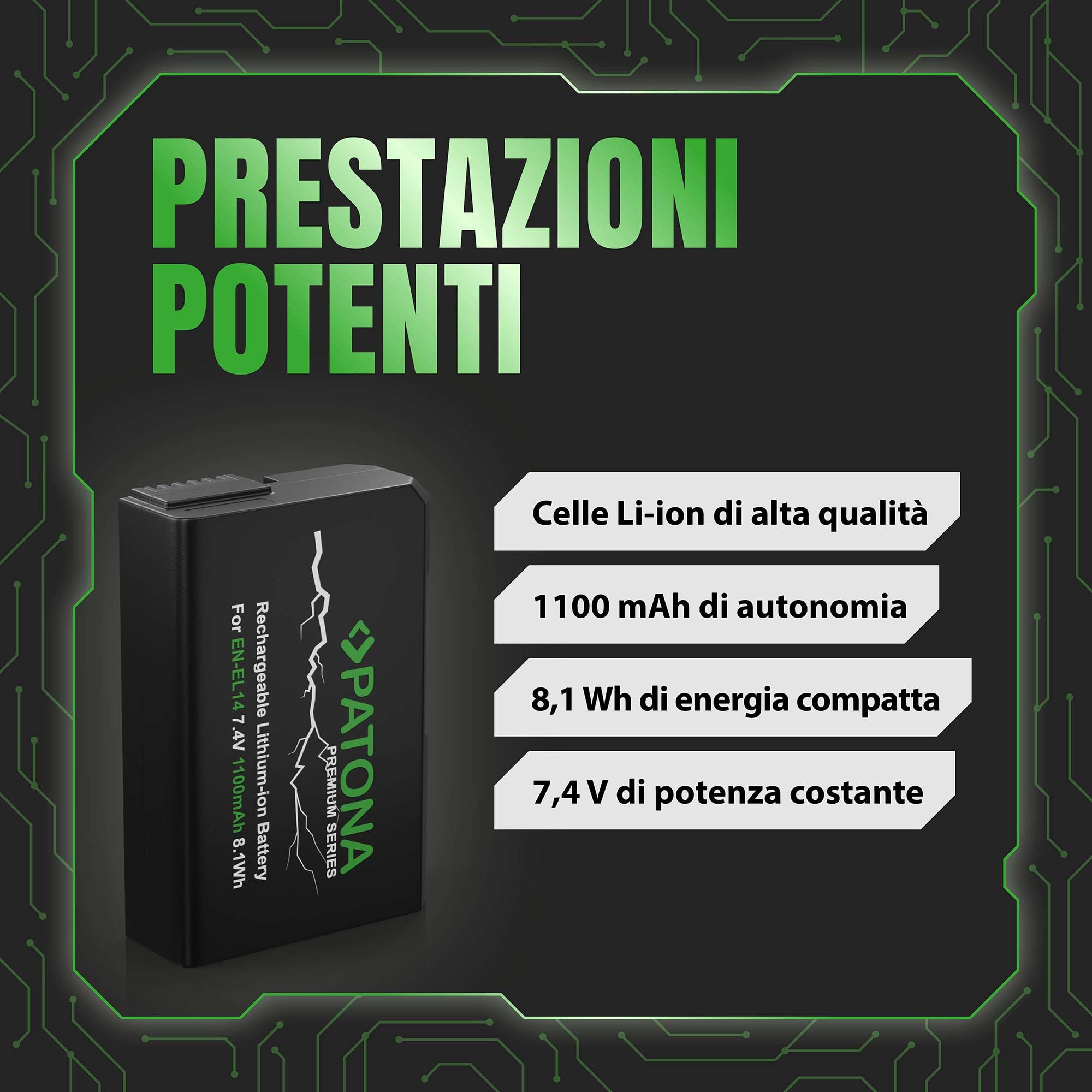 Patona batteria con Infochip di nuova generazione per Nikon EN-EL14, Coolpix P7000, Coolpix P7100, Coolpix P7700, D3100, D3200, D5100, D3100 DSLR, D5100 DSLR, D3100 DSLR, D3200 DSLR, Li-Ion, 7.4V, 1050 mAh, funziona con tutte le versioni firmware (compres