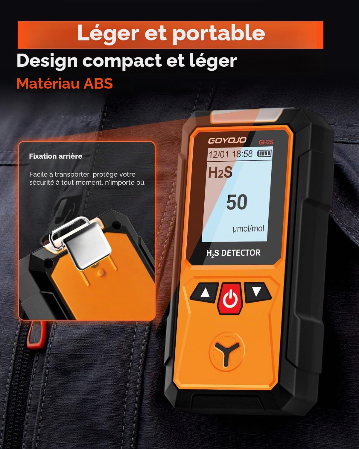 Détecteur de Gaz GOYOJO, Surveillant de Gaz D'hydrogène Sulfuré de 0 à 100 ppm (μmol/mol), Capteur Électrochimique H₂S avec Alarmes Sonores et Visuelles et Écran LCD