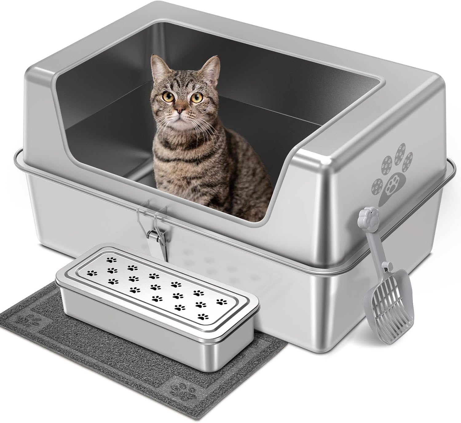 Stainless Steel Cat Litter Box with Lid, Metal Litter Box with 11.8'' High Sides, Cat Litter Pan for Big & Multiple Cats, Kitten Toilet with Stainless Steel Pedal, Non-Stick, Easy Cleaning