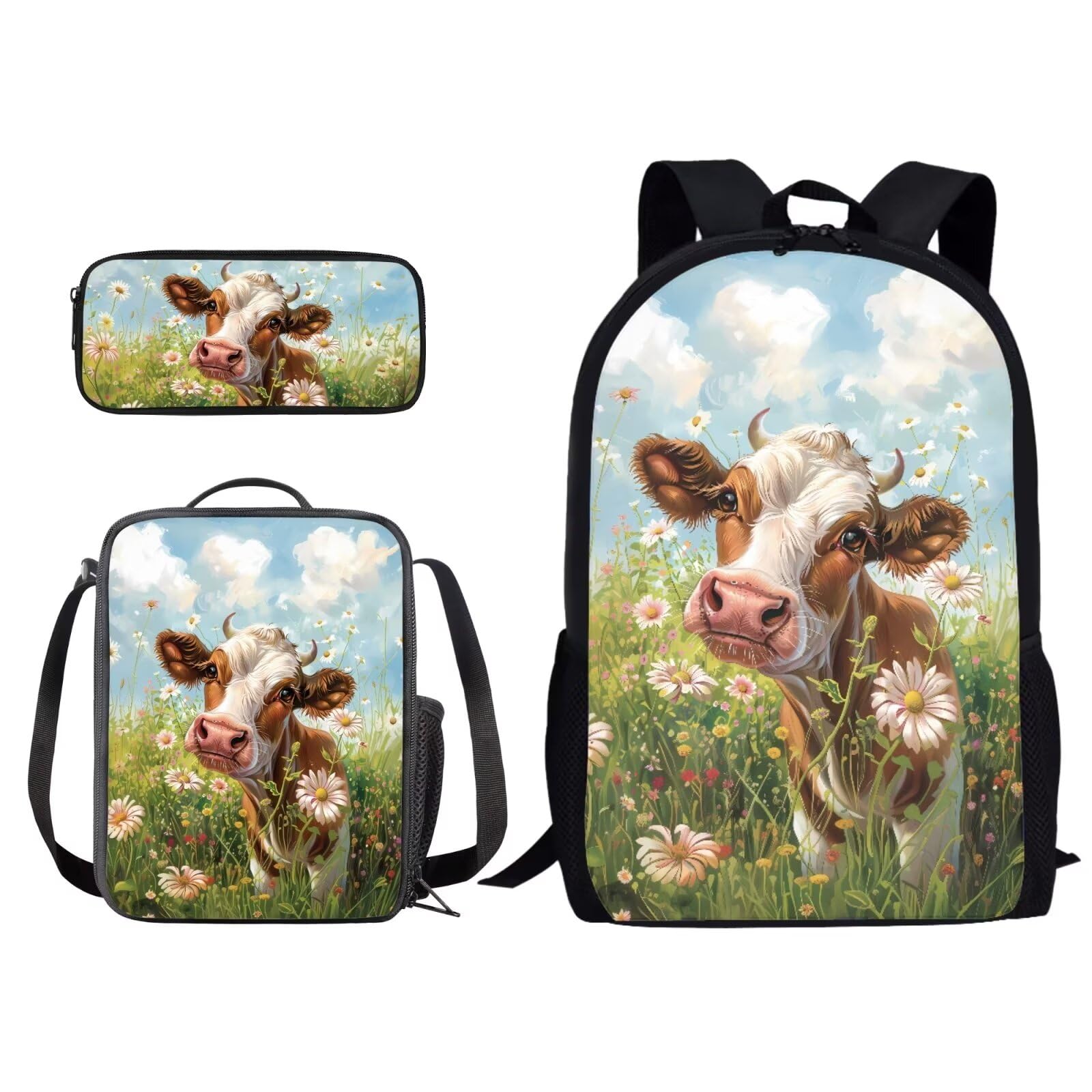 Suobstales Cow Daisy Print 3 Piece Kids Backpack Elementary Preschool School Bag with Lunch Box Pencil Case Set for Boys G...
