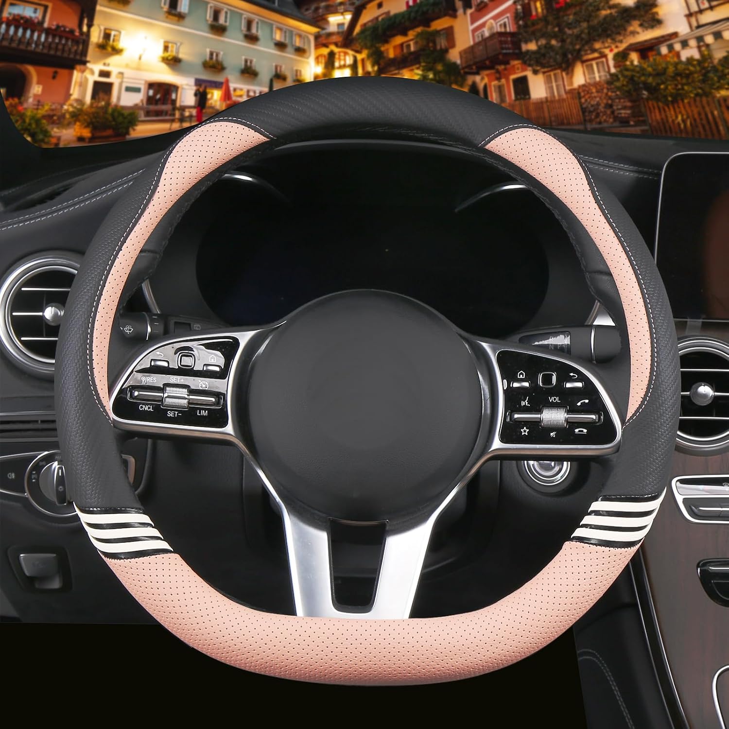 Cute Steering Wheel Cover for Women Men Leather Universal 15 inch,Black and Blue