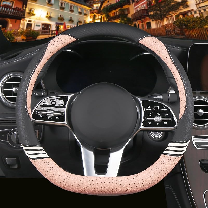 Capa para Volante D Shape com Detalhes em Fibra de Carbono Preto e Rosa Binsheo 35,6 cm JY089-S
