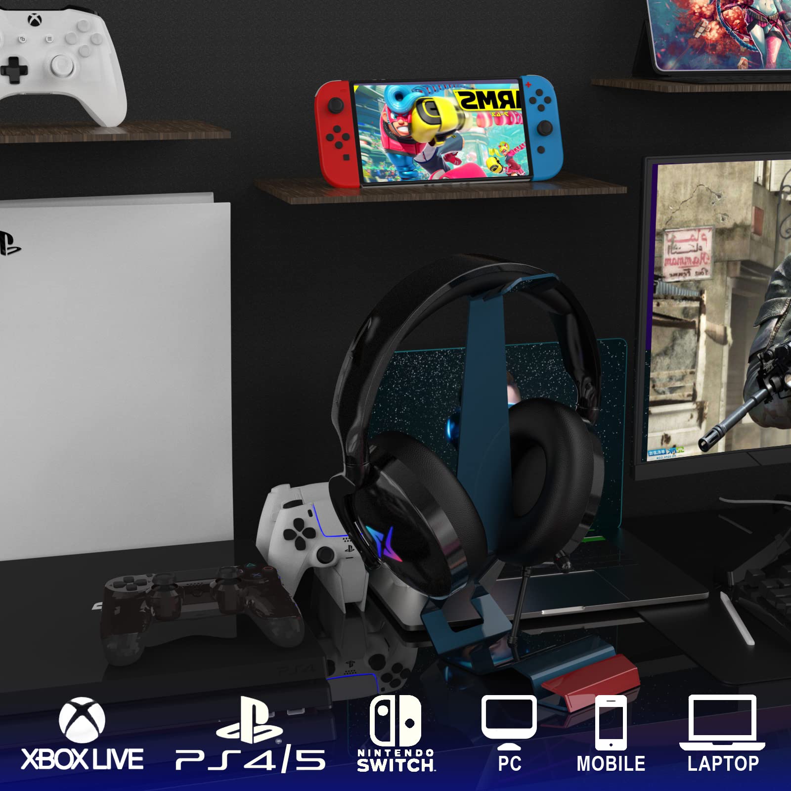 Cuffie da gioco per PS4 PS5 PC con audio surround 3D con microfono, cuffie cancellazione del rumore RGB luci per gamer, 21 x 20 x 6 cm, colore nero